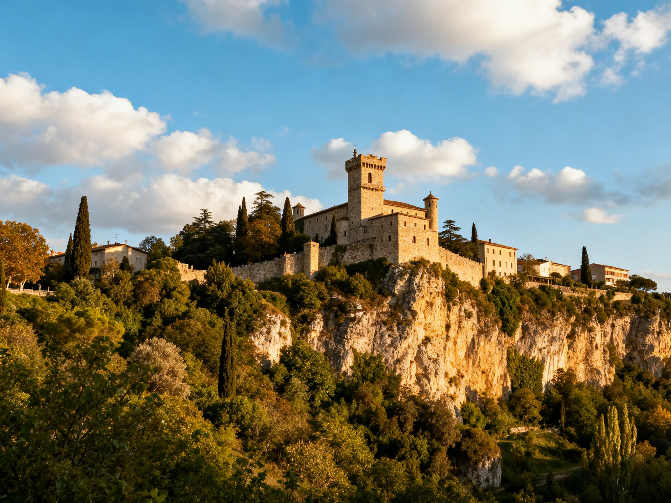 A historic stone castle atop a rocky cliff with lush greenery