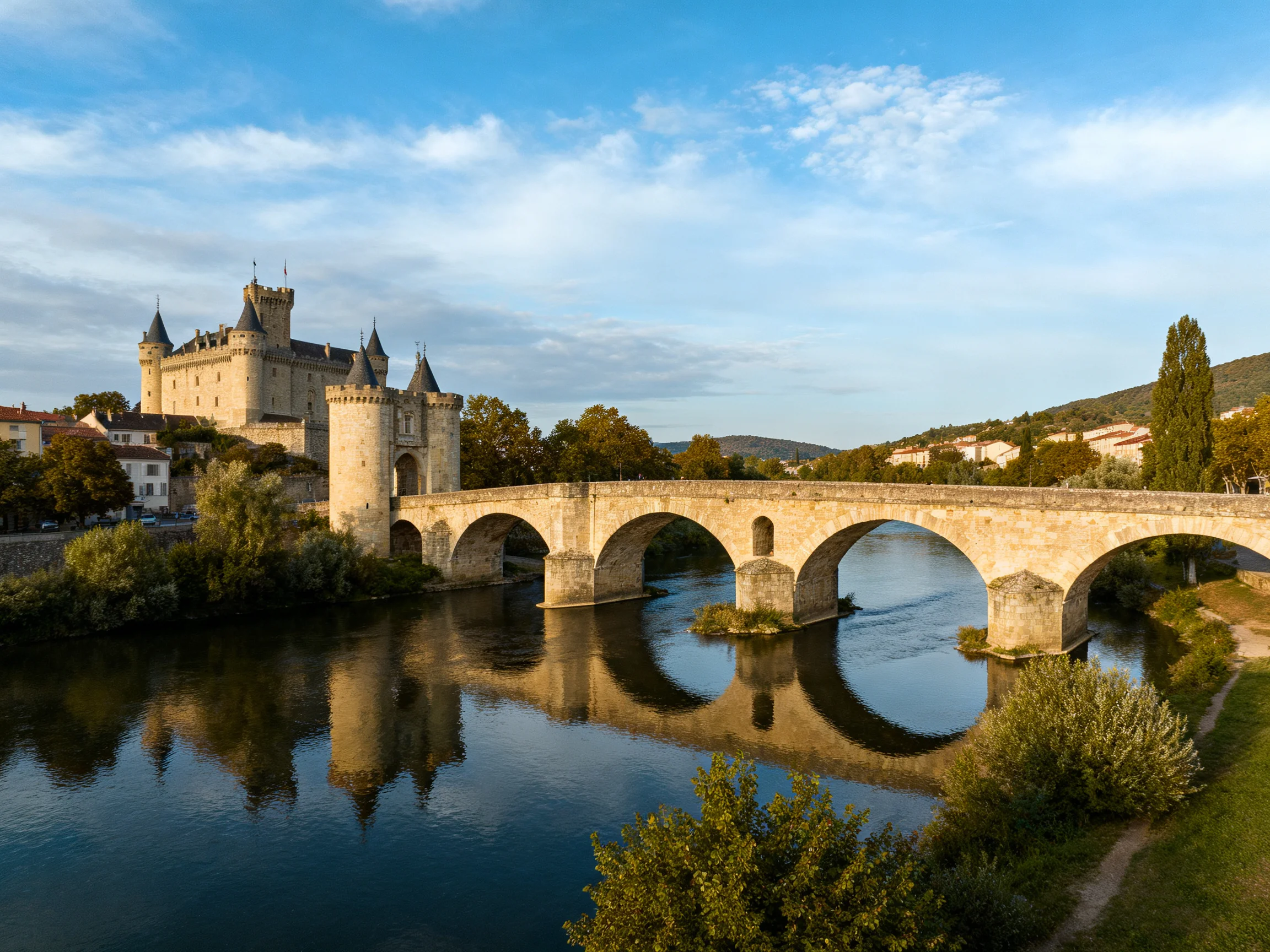 A historic stone castle beside a large arched stone bridge over calm water