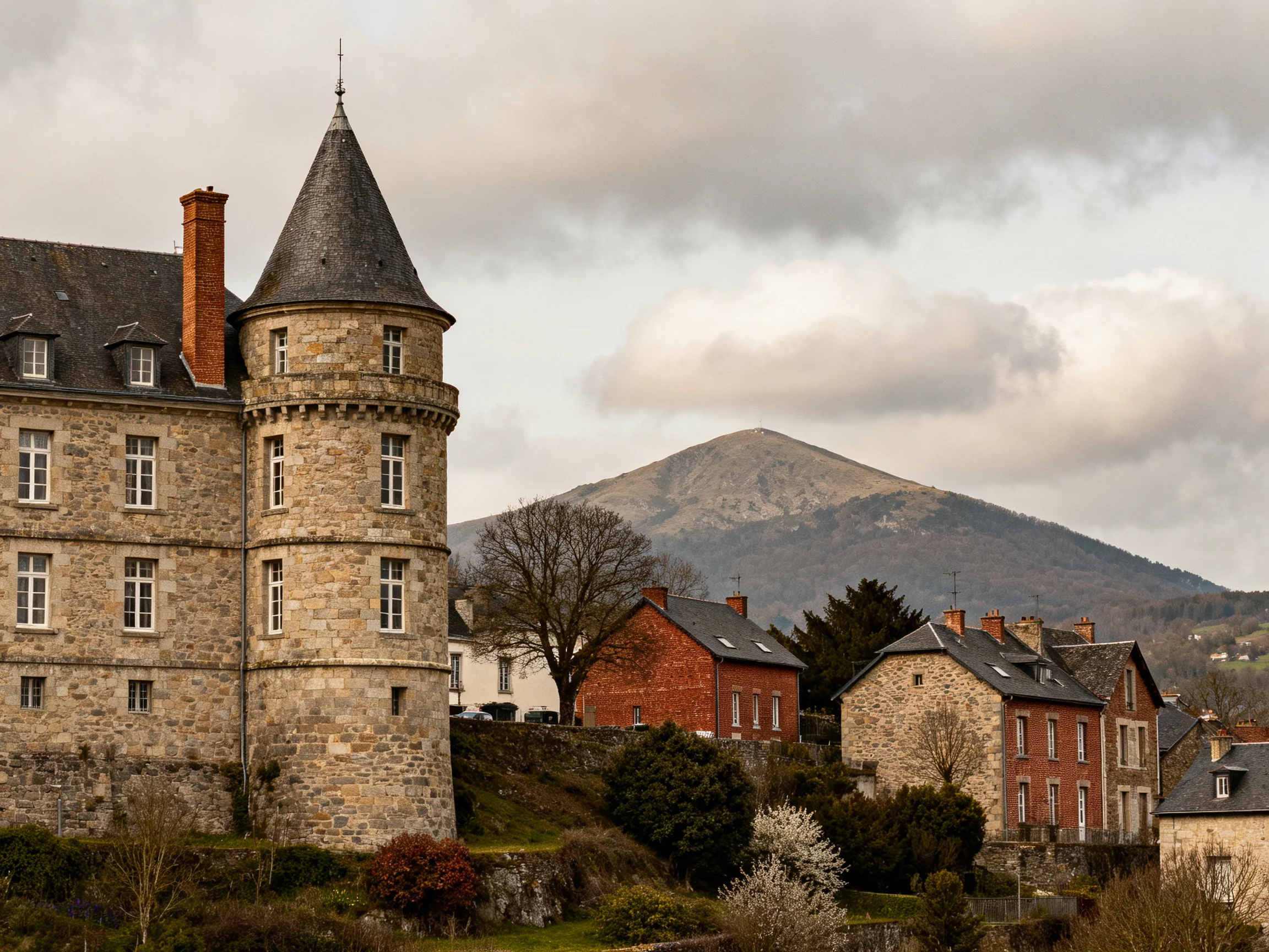 A historic stone castle beside brick homes with mountainous backdrop