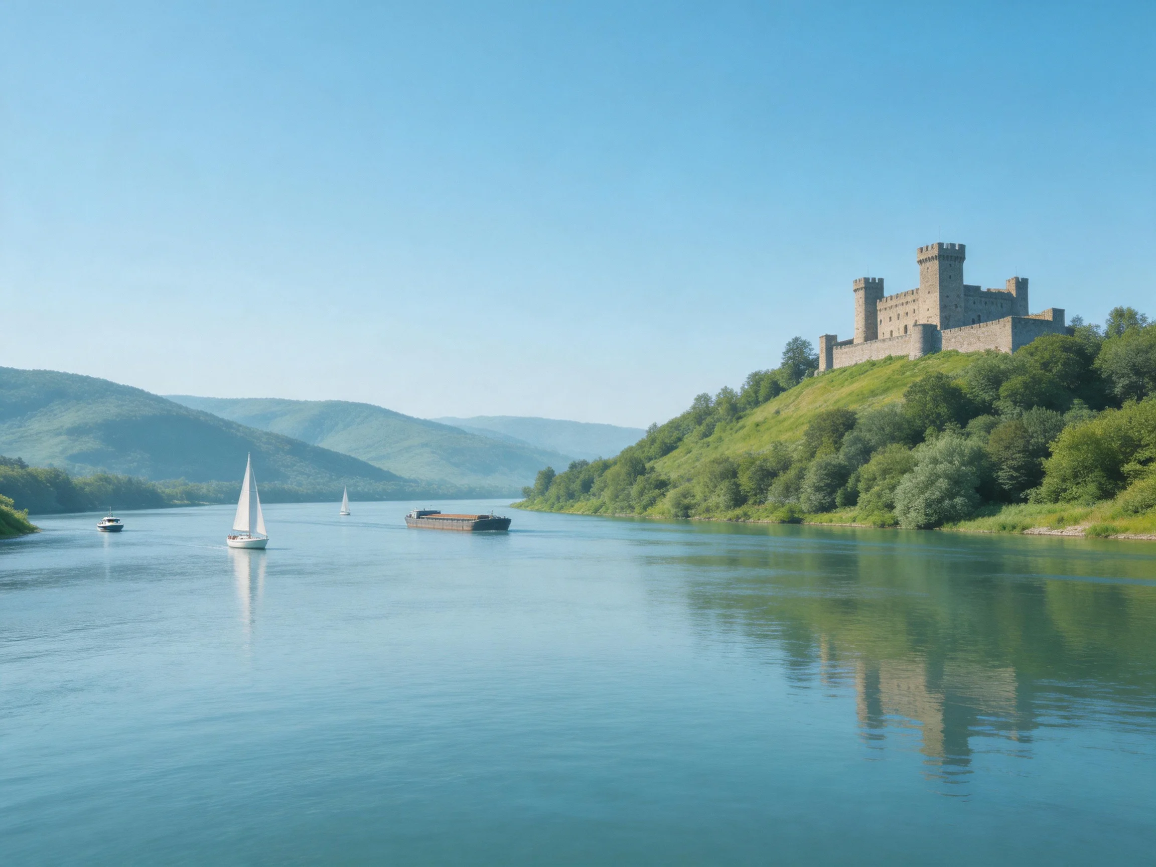 A historic stone castle overlooks a calm blue river with sailboats