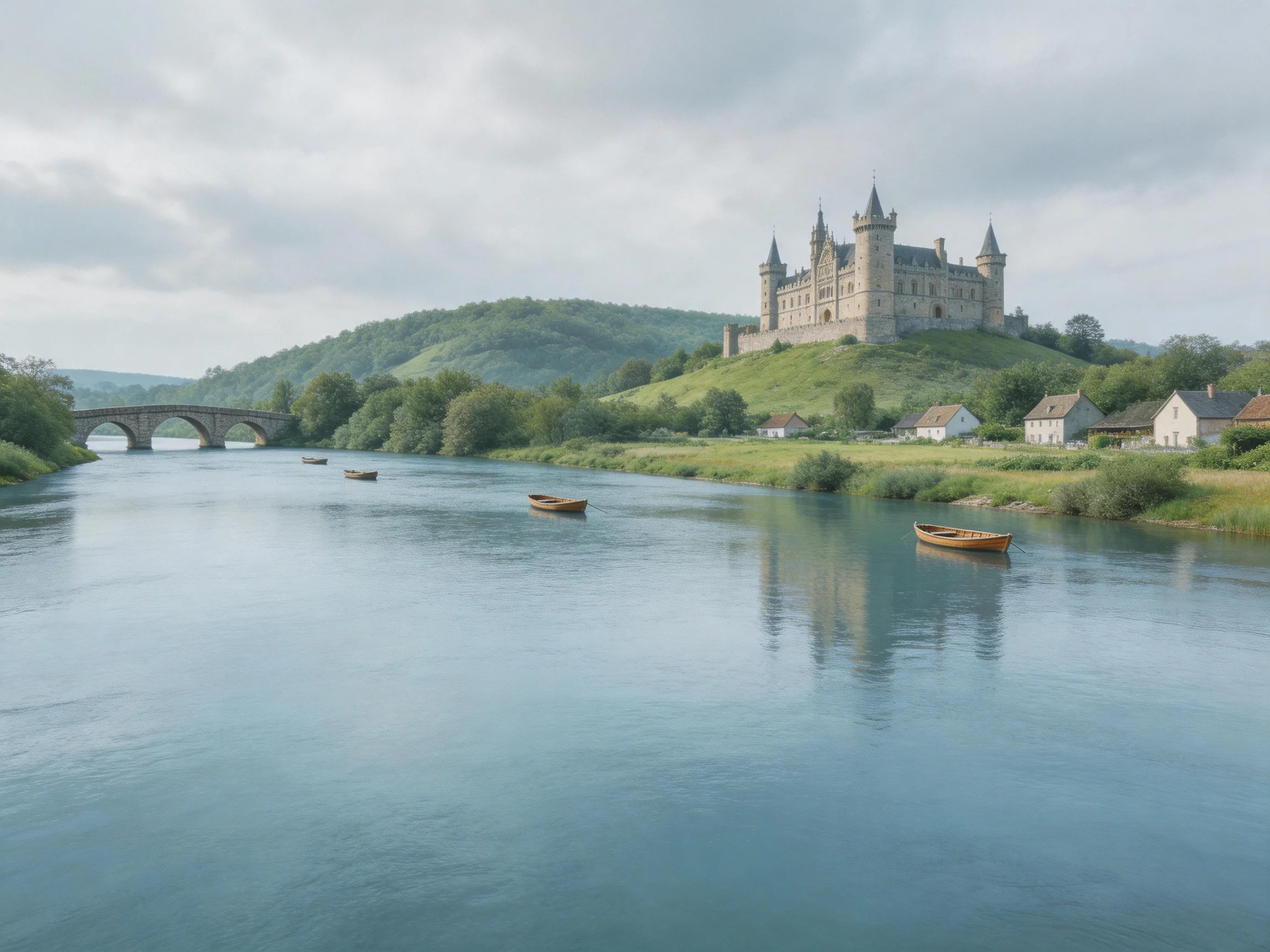 A historic stone castle overlooks a calm blue river with small boats