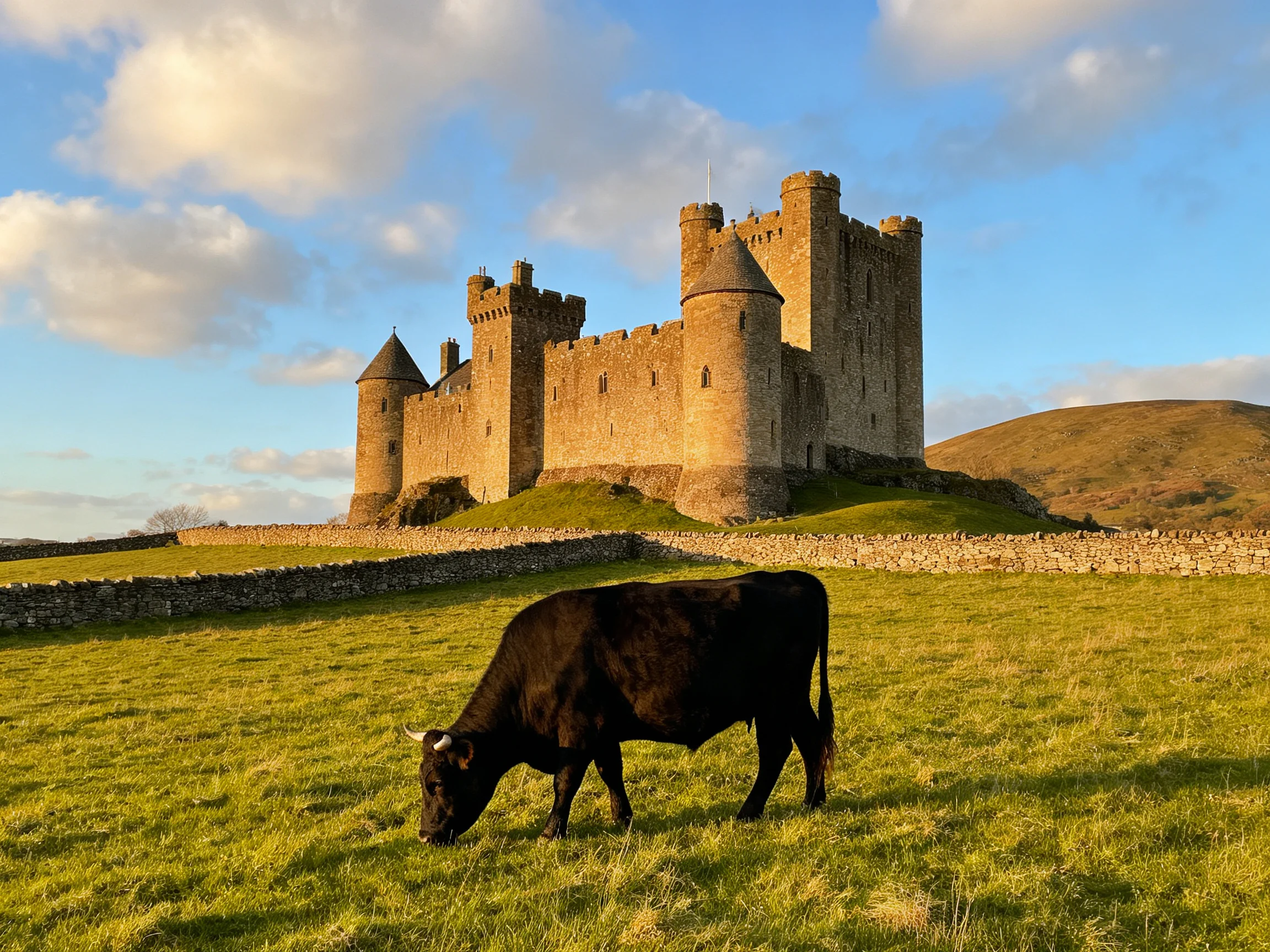 A historic stone castle overlooks a grazing black cow in a sunlit meadow