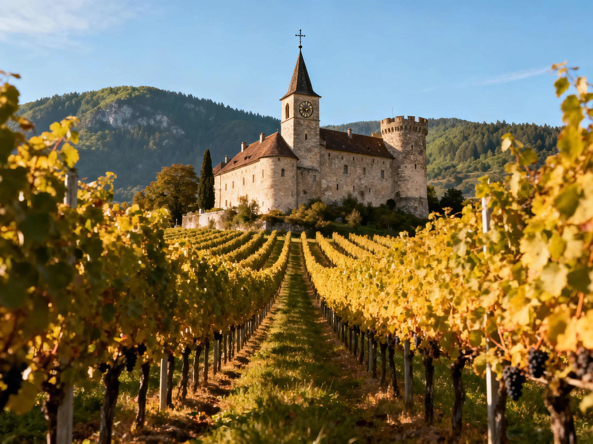 A historic stone castle overlooks golden vineyards near forested mountains
