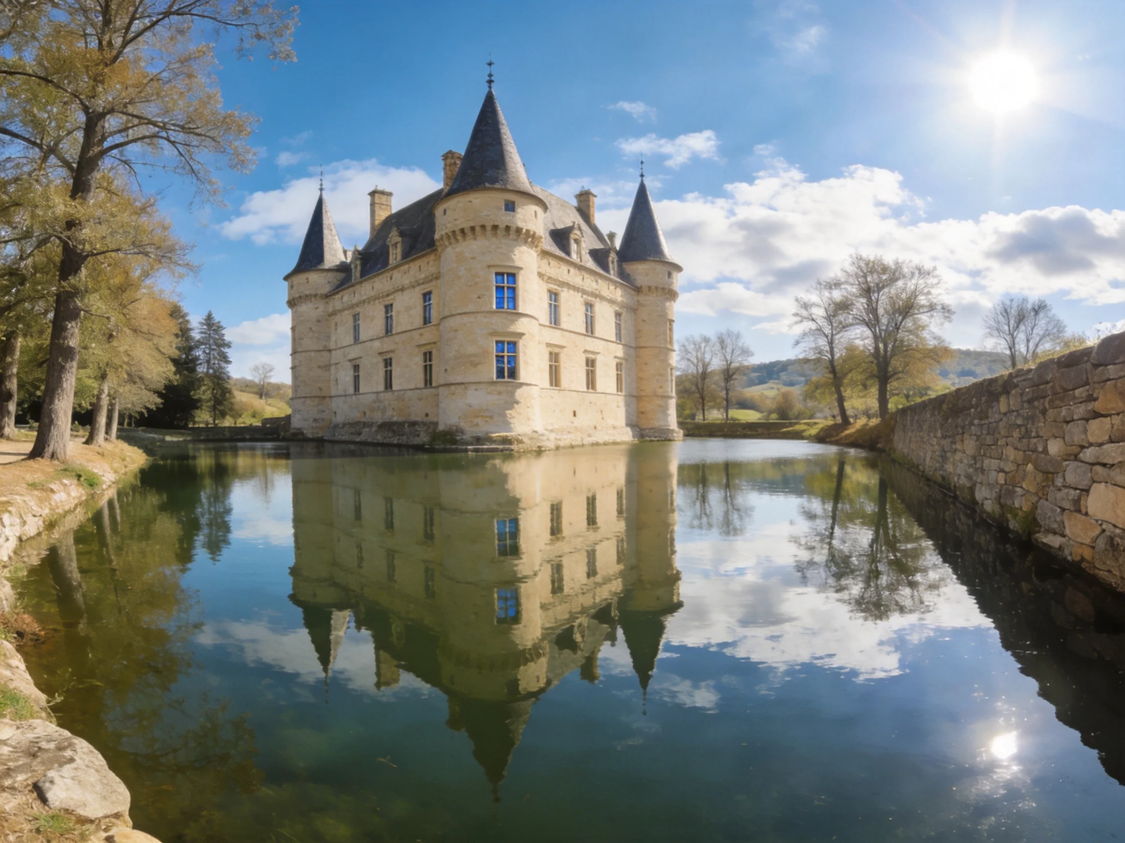 A historic stone castle reflected in calm moat waters under sunny skies