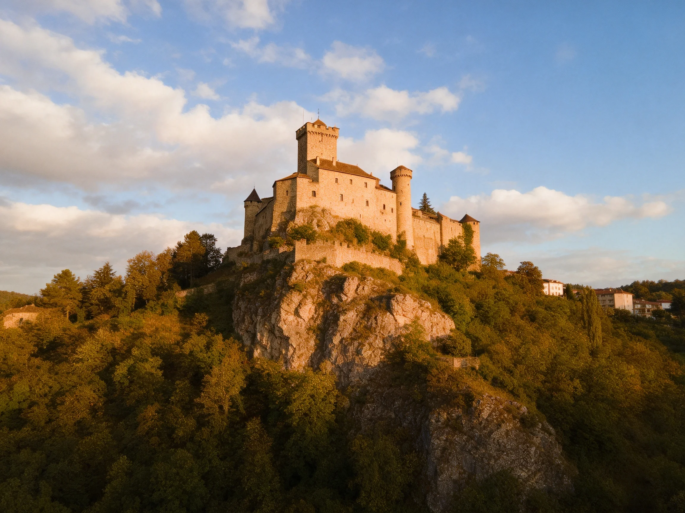 A historic stone castle sits atop a rugged rocky hill with surrounding greenery