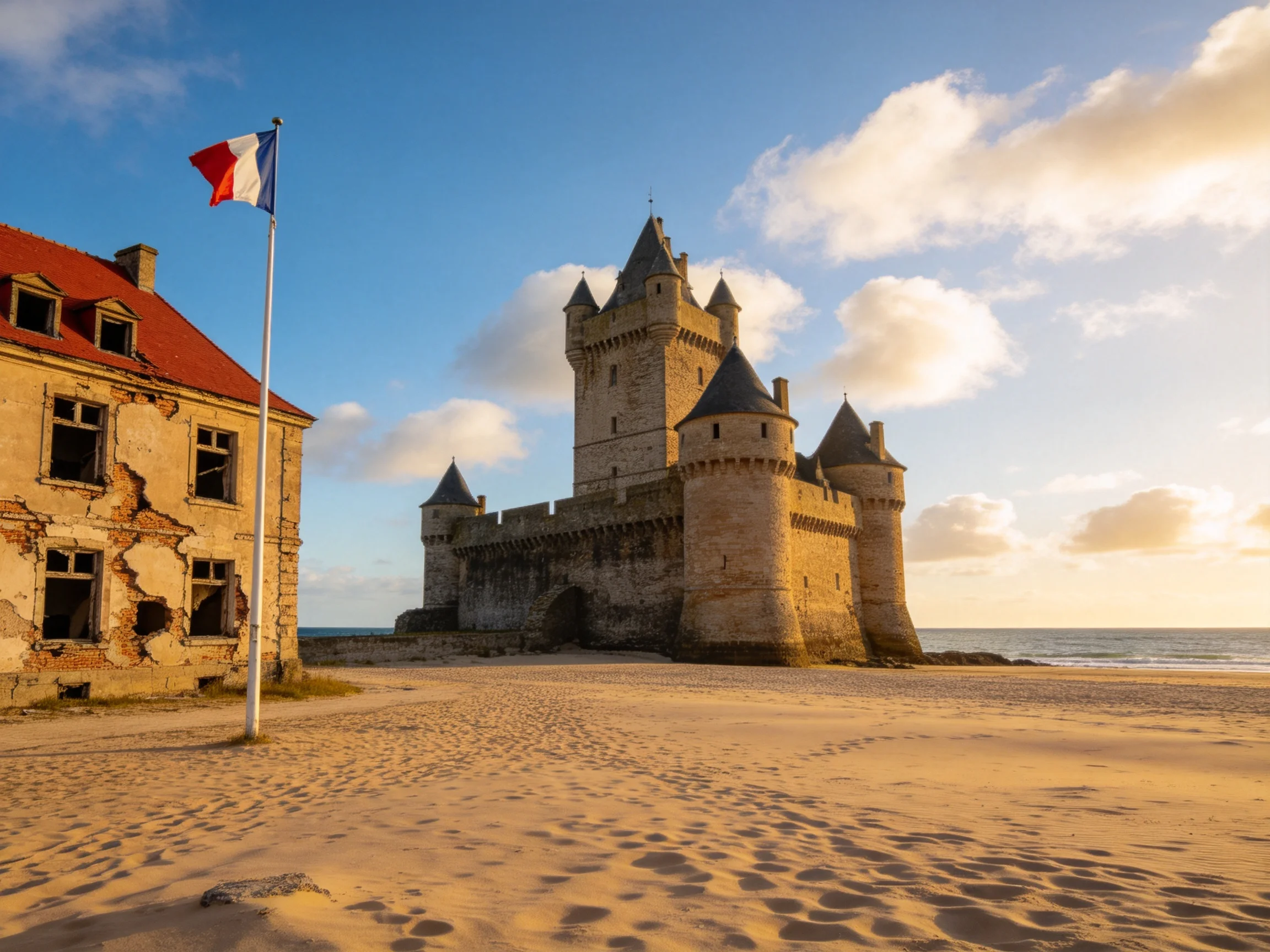 A historic stone castle stands on a sandy beach beside a weathered building