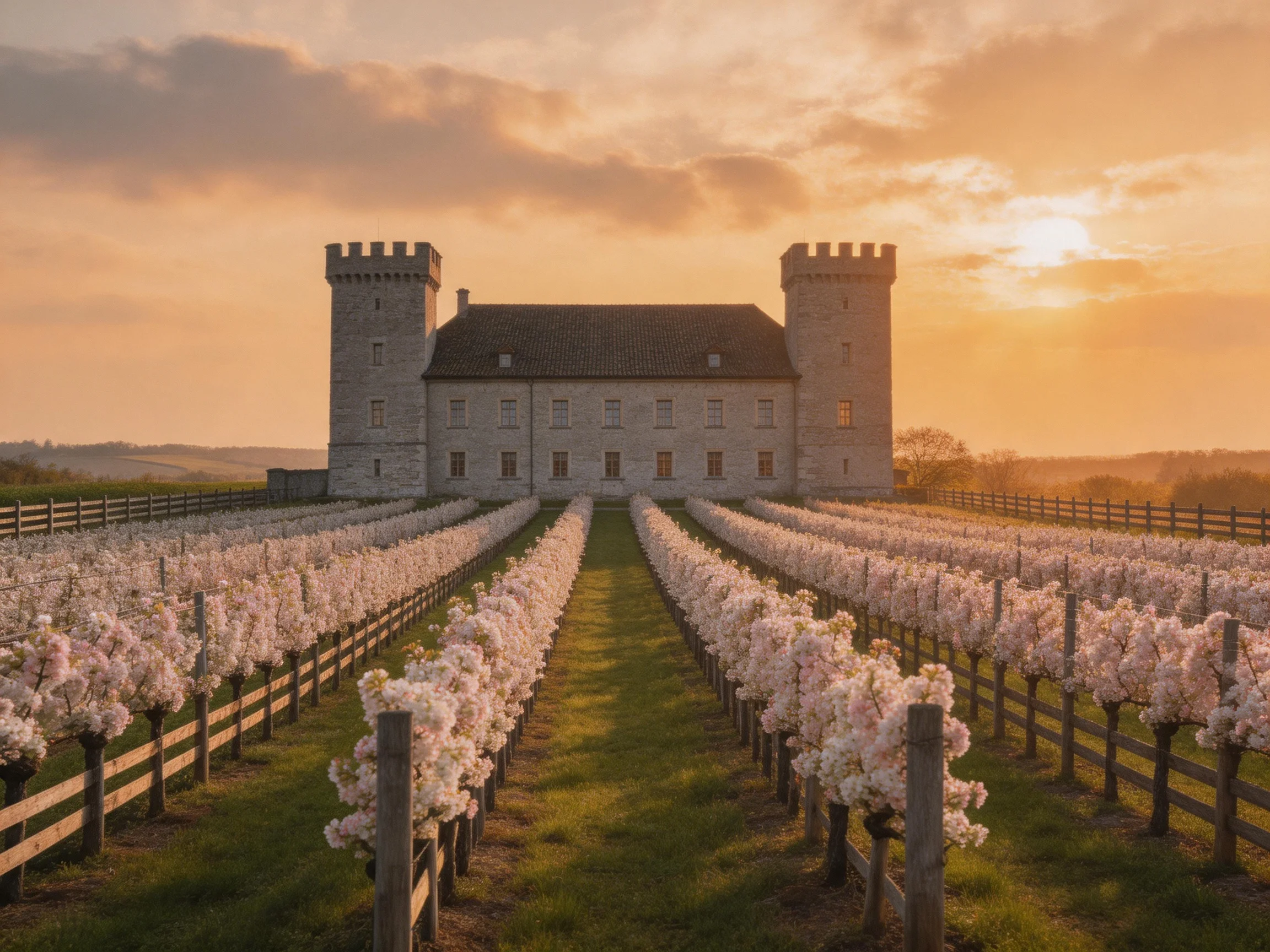 A historic stone castle surrounded by blooming pink vineyards at sunset