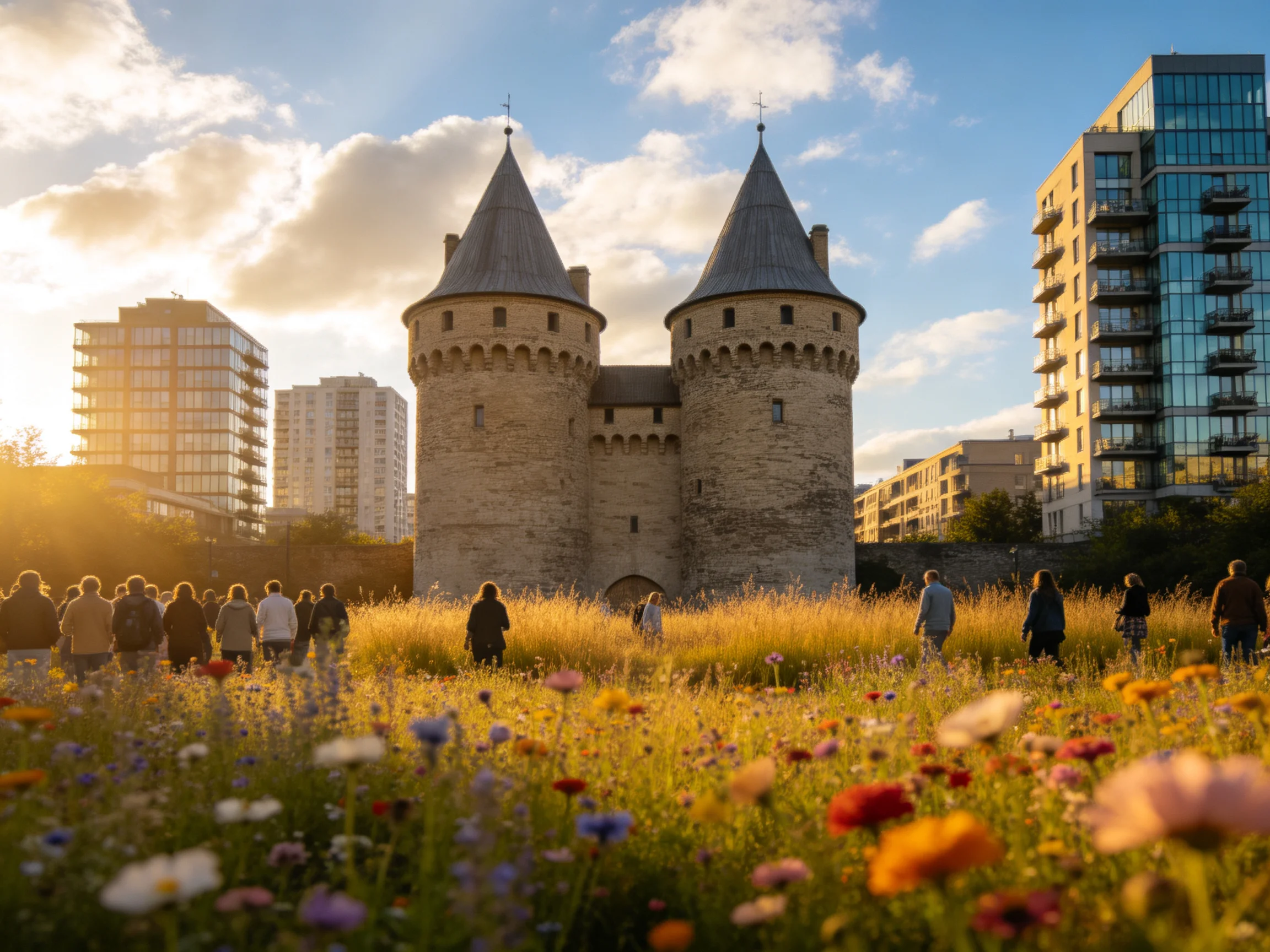 A historic stone castle tower amid modern buildings and wildflower meadow