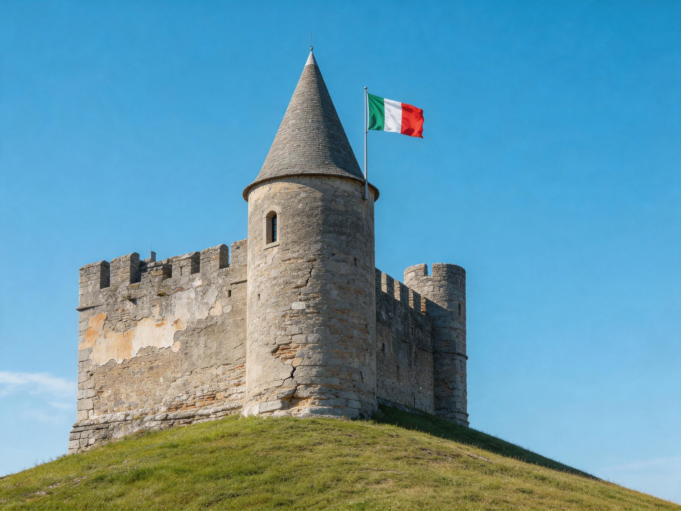 A historic stone castle tower featuring an Italian flag atop a grassy hill