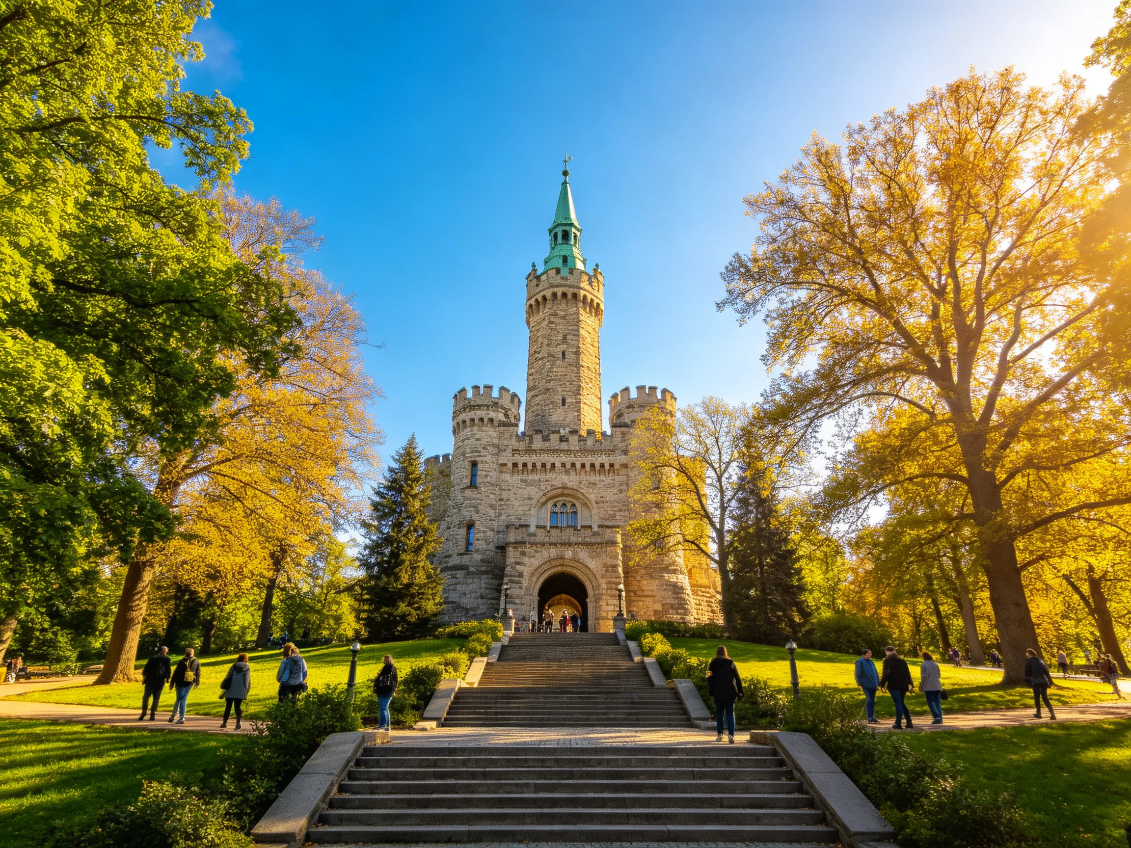 A historic stone castle tower with green spire amid autumnal trees