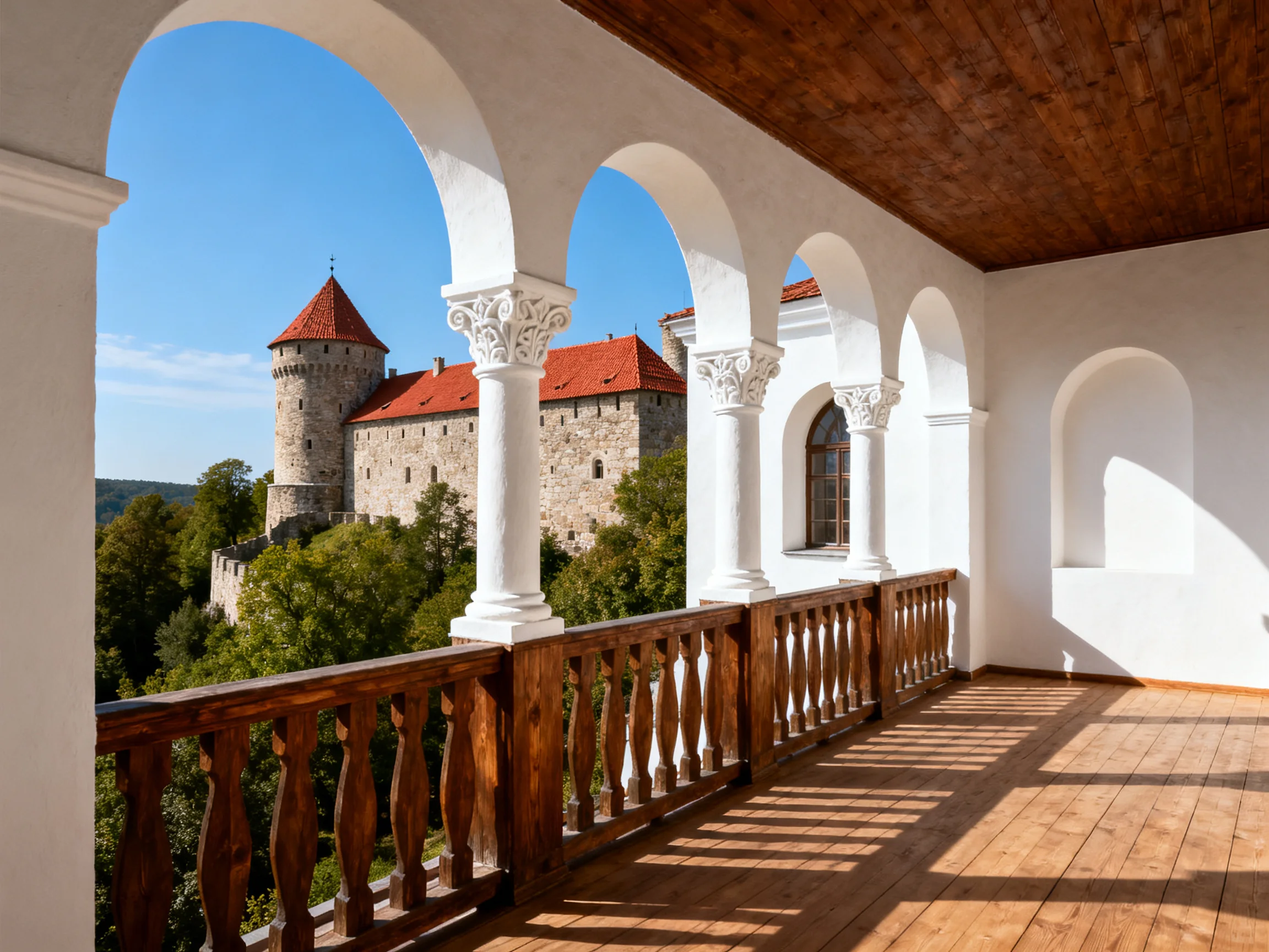 A historic stone castle viewed from a white arched wooden balcony