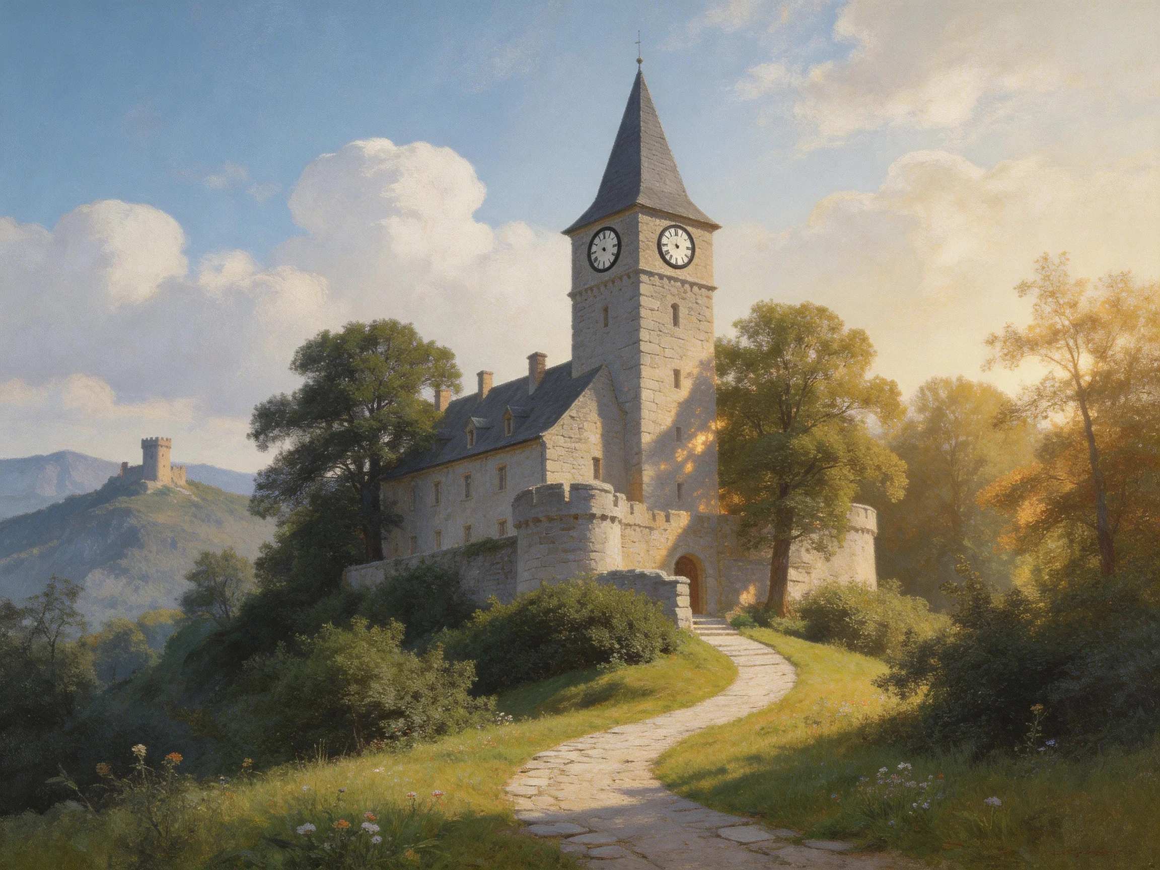 A historic stone castle with a clock tower in a verdant landscape
