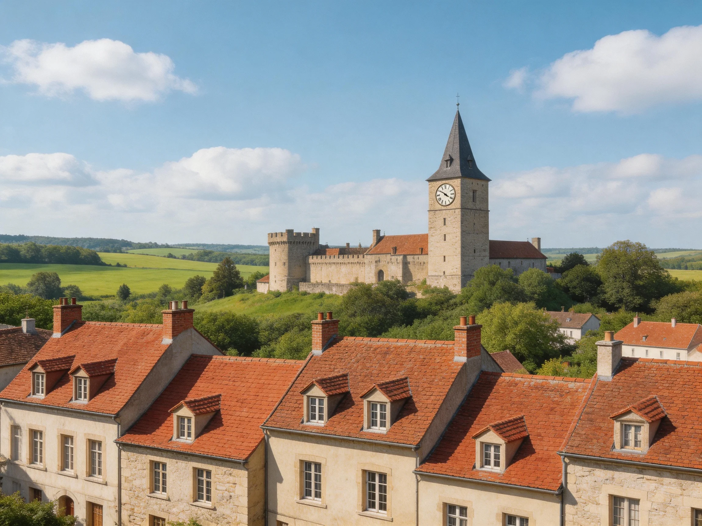 A historic stone castle with a clock tower overlooks red-roofed buildings