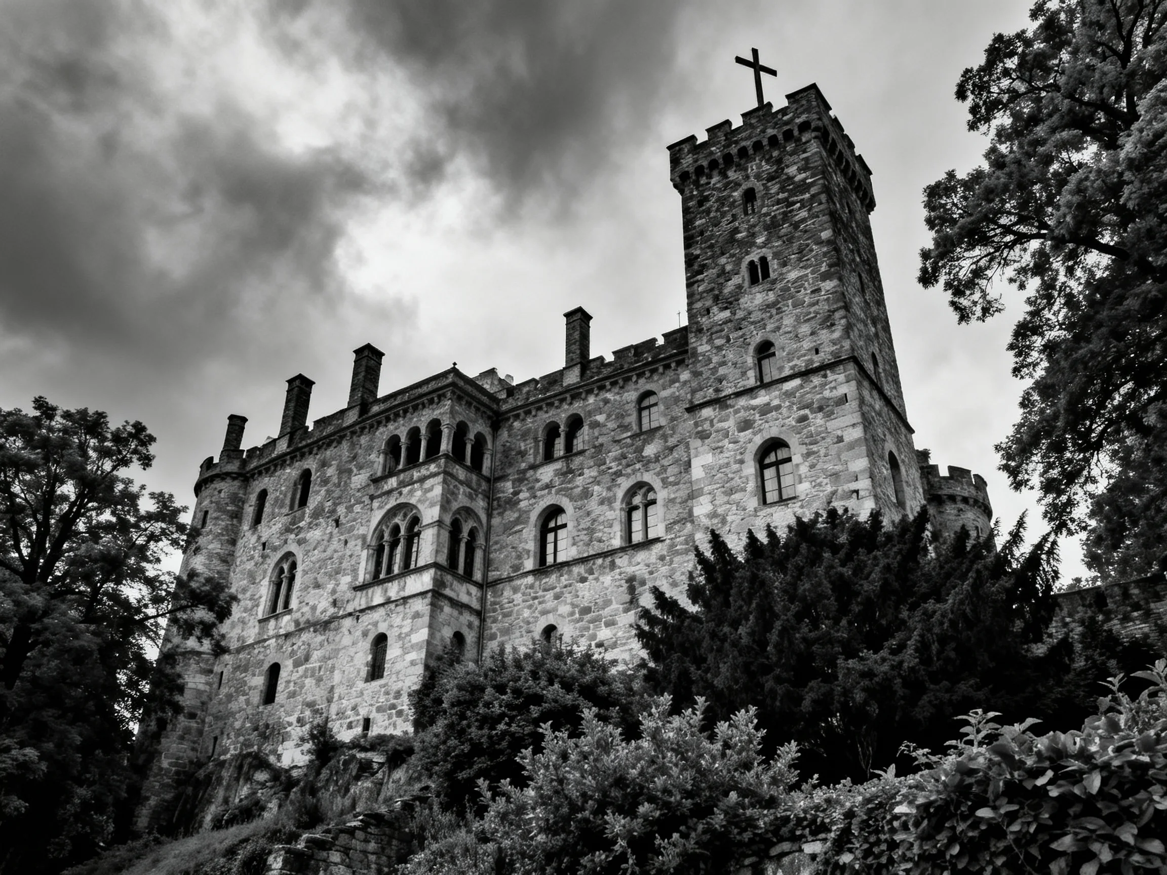 A historic stone castle with a tall tower under stormy skies