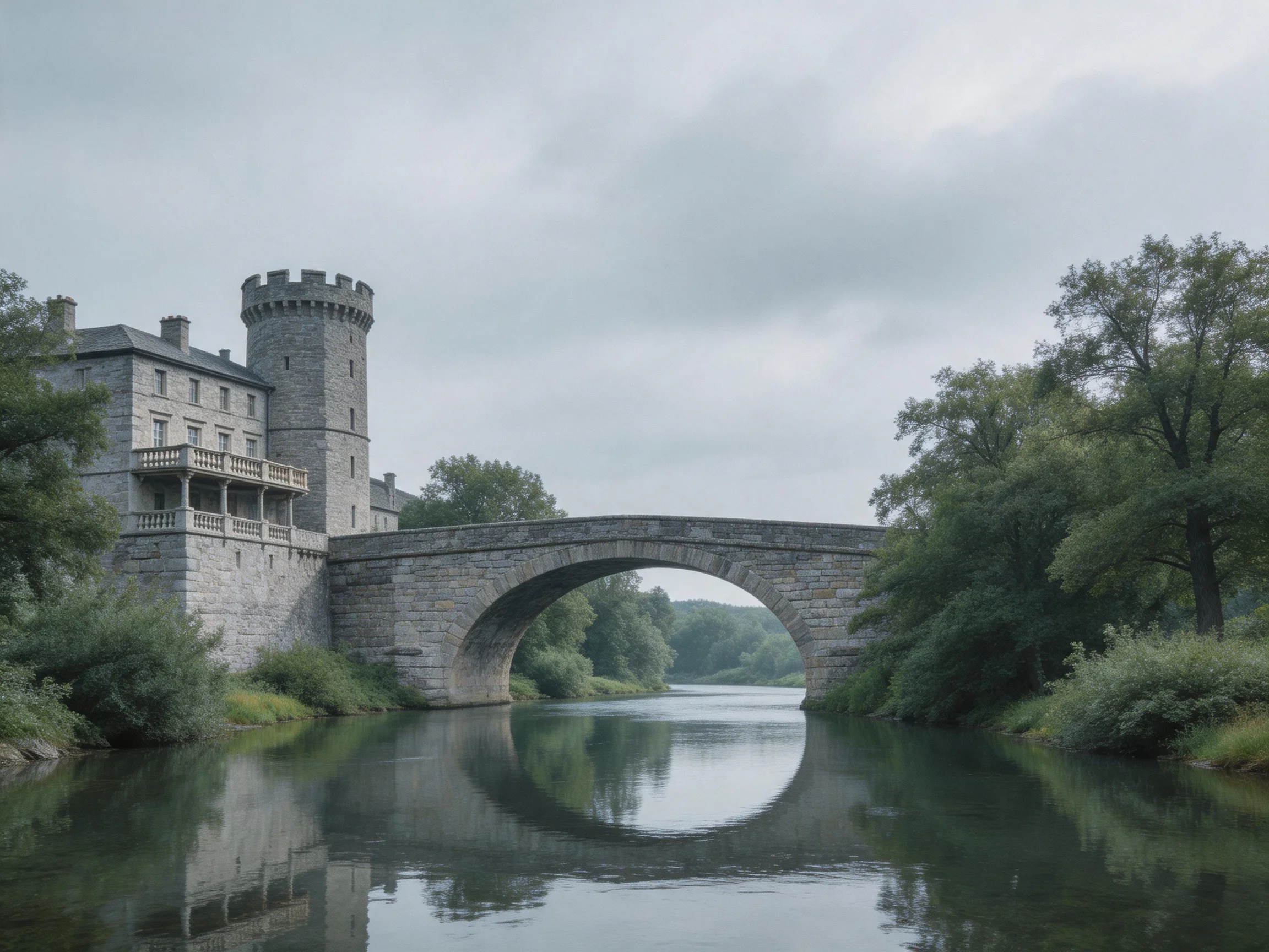 A historic stone castle with an arched bridge over serene water
