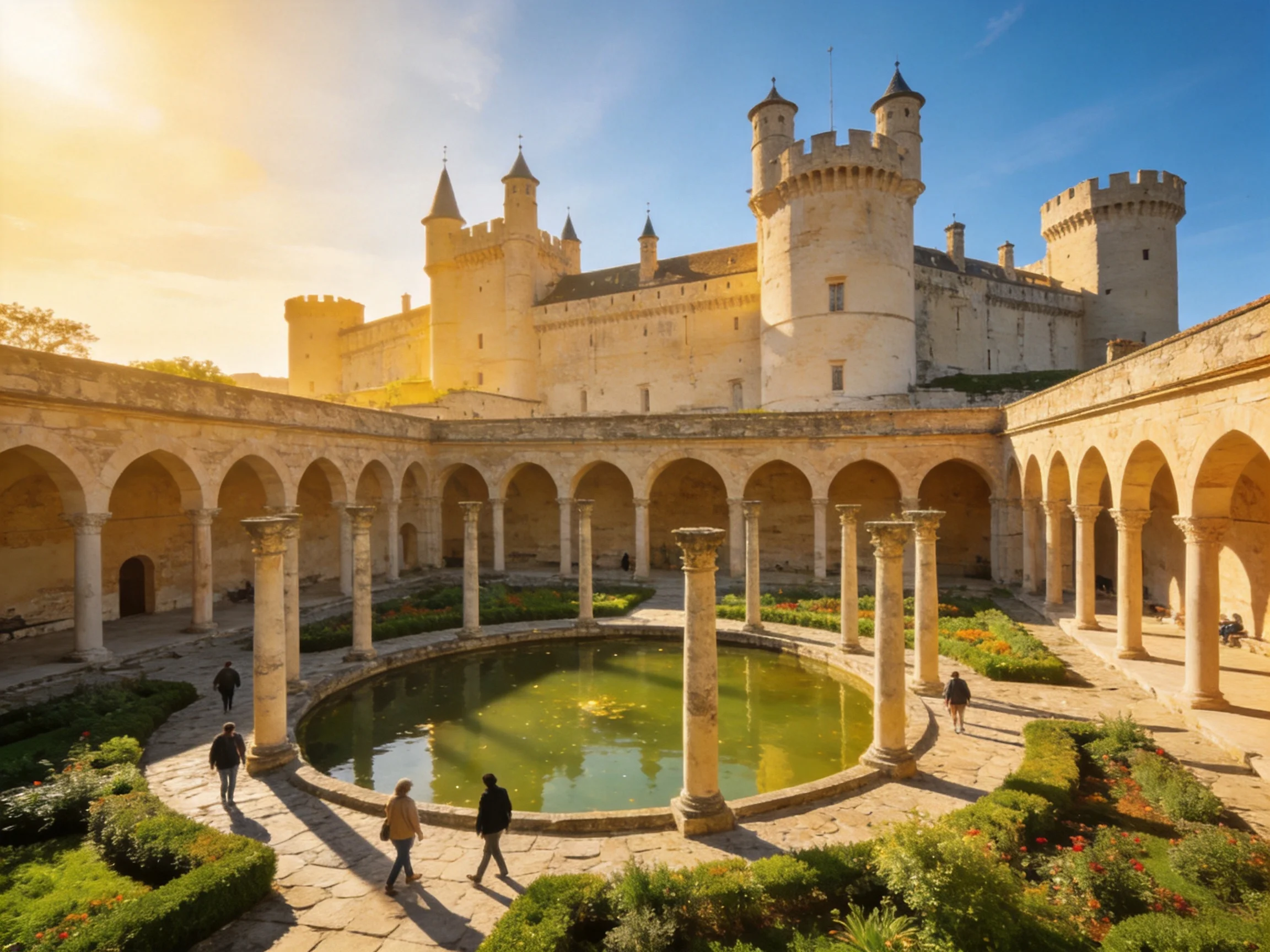 A historic stone castle with arched courtyard and central pond
