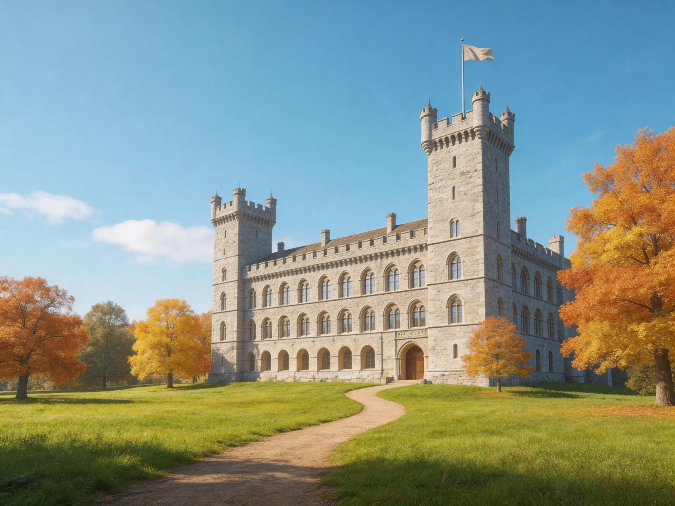 A historic stone castle with autumn foliage under clear blue skies