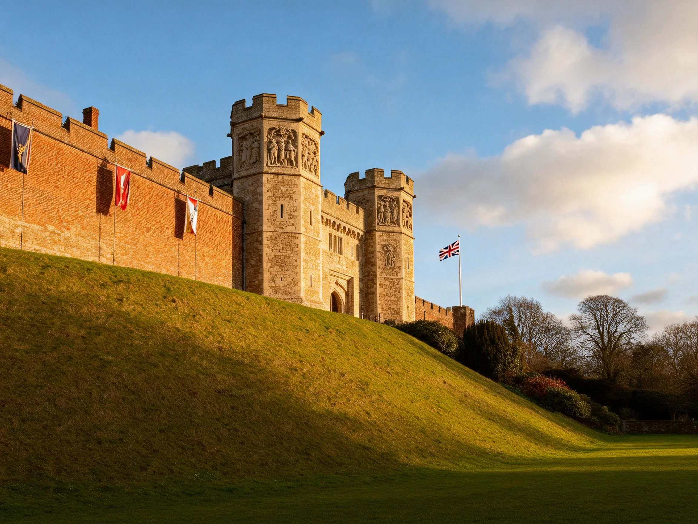 A historic stone castle with brick walls and a green mound under blue sky
