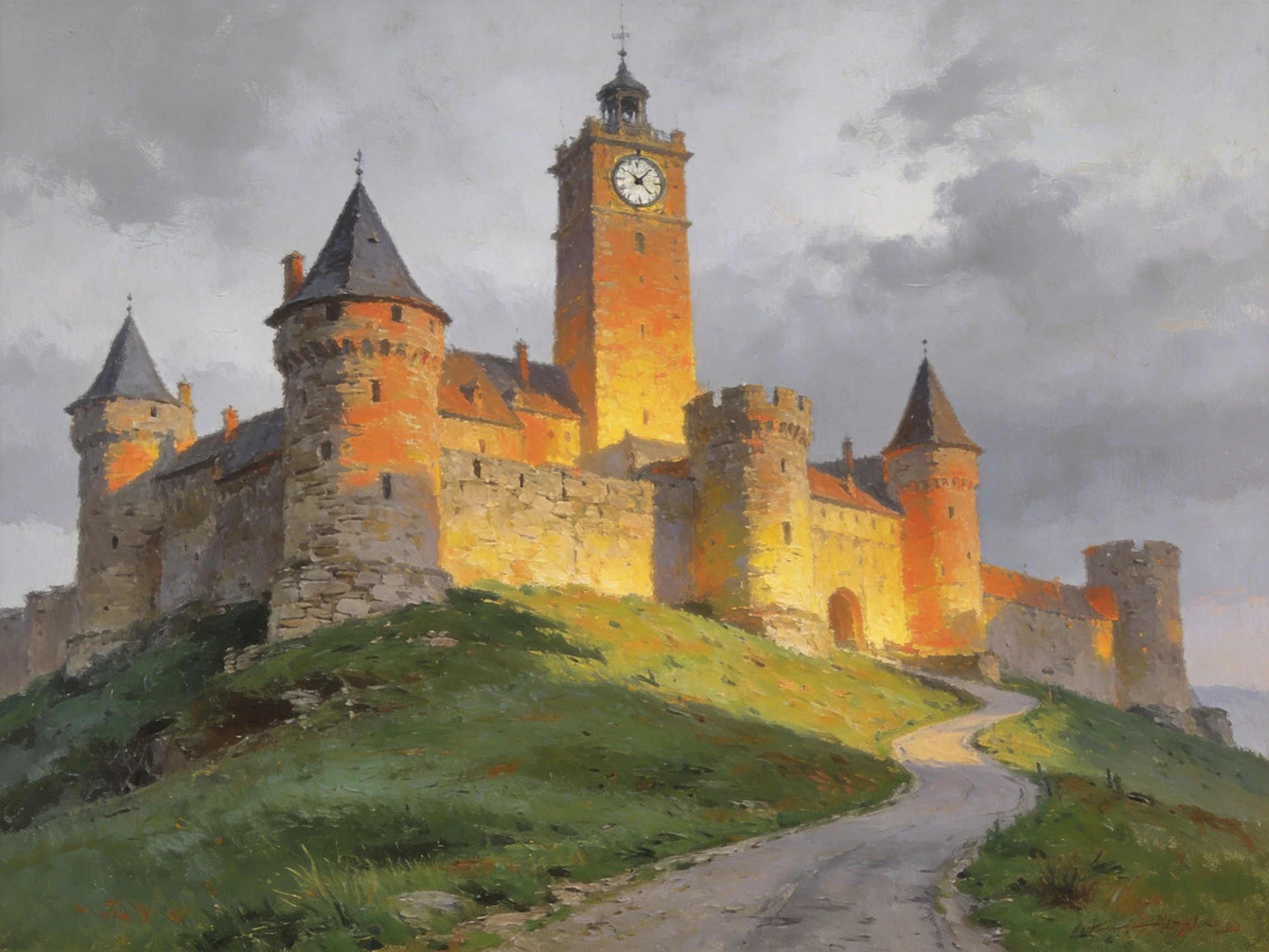 A historic stone castle with clock tower on a grassy hill