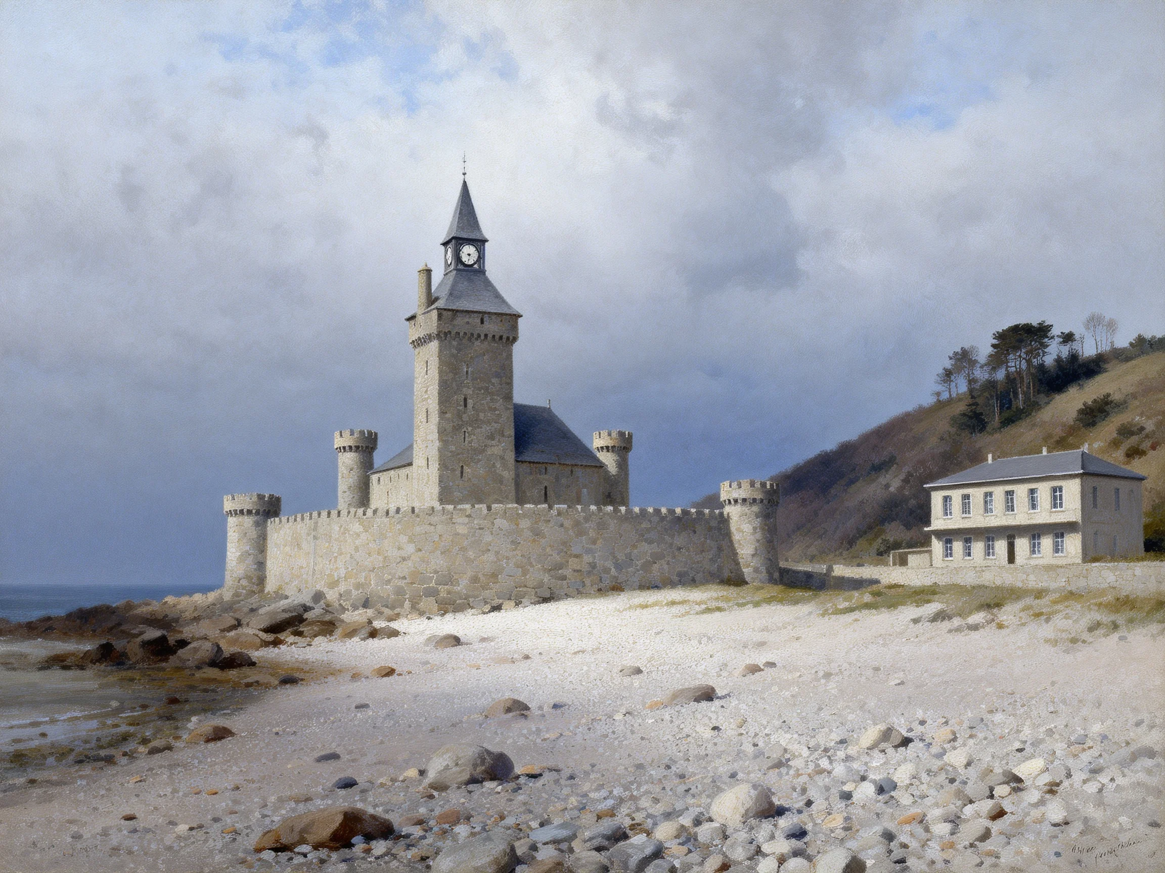 A historic stone castle with clock tower on a rocky coastal shore