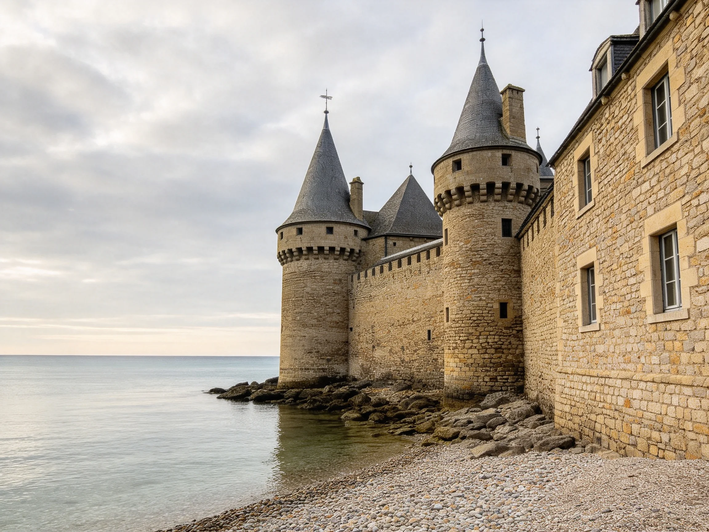 A historic stone castle with conical towers by the calm sea