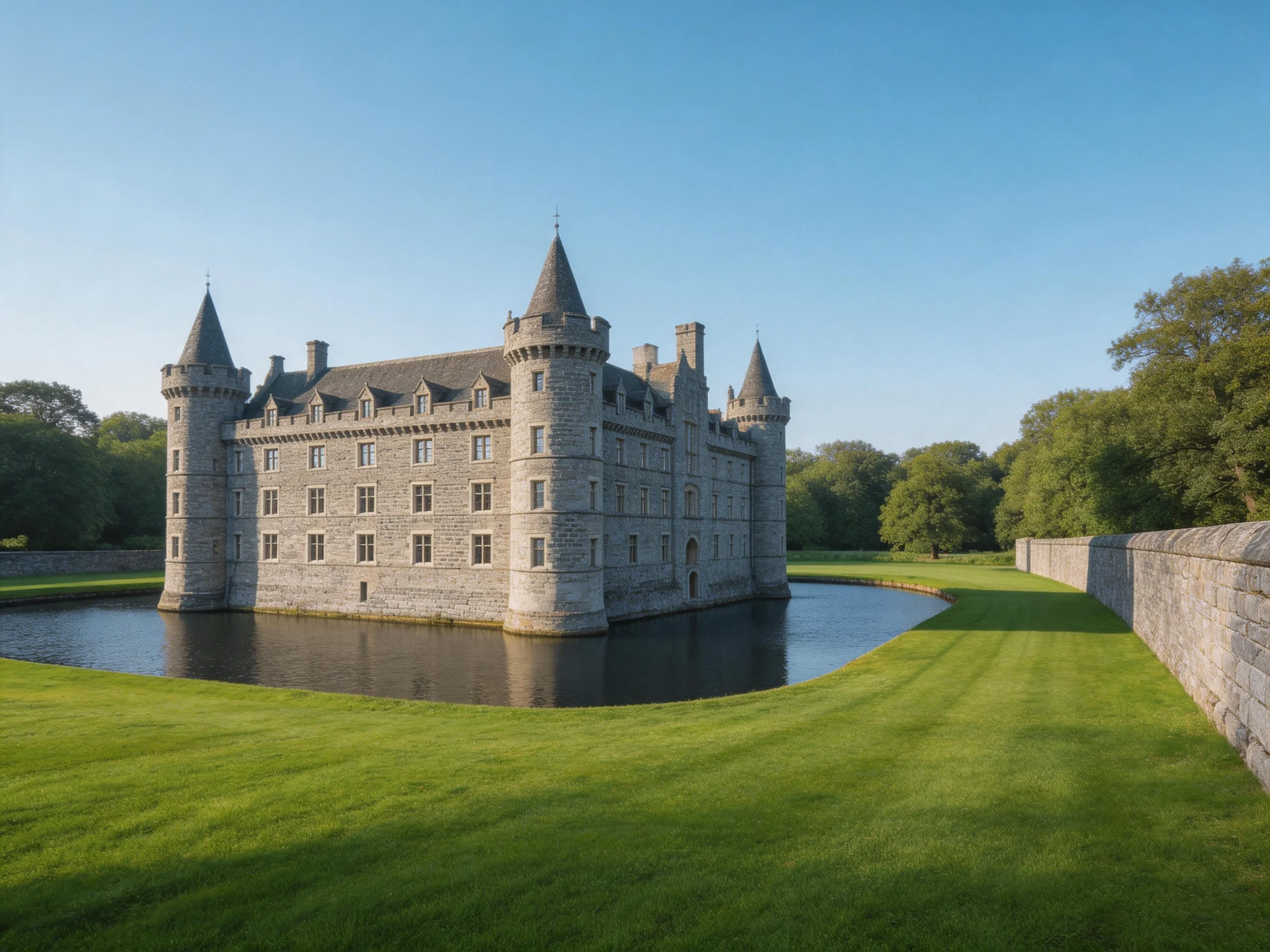 A historic stone castle with conical towers near a reflective moat