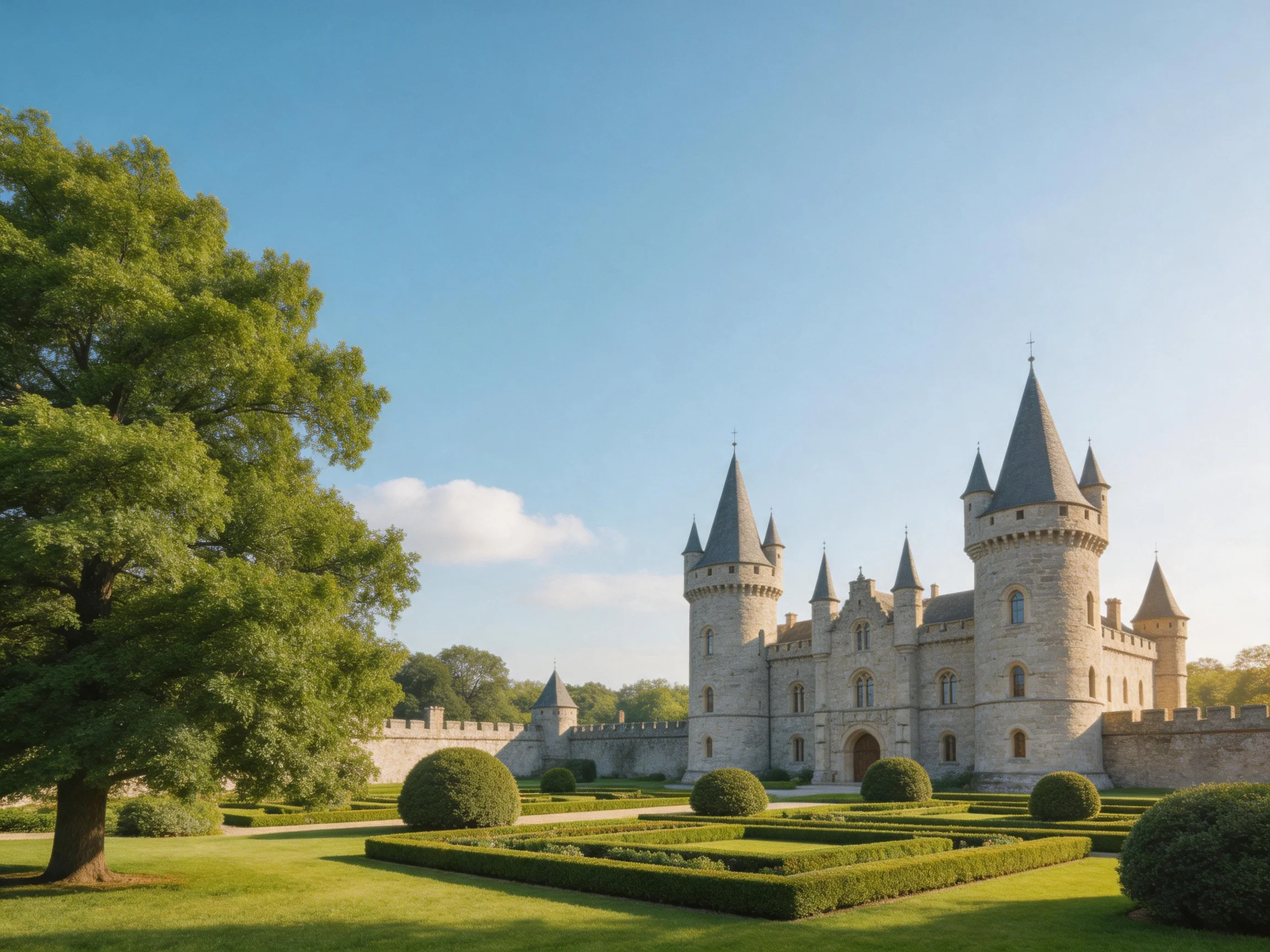 A historic stone castle with conical towers near manicured gardens
