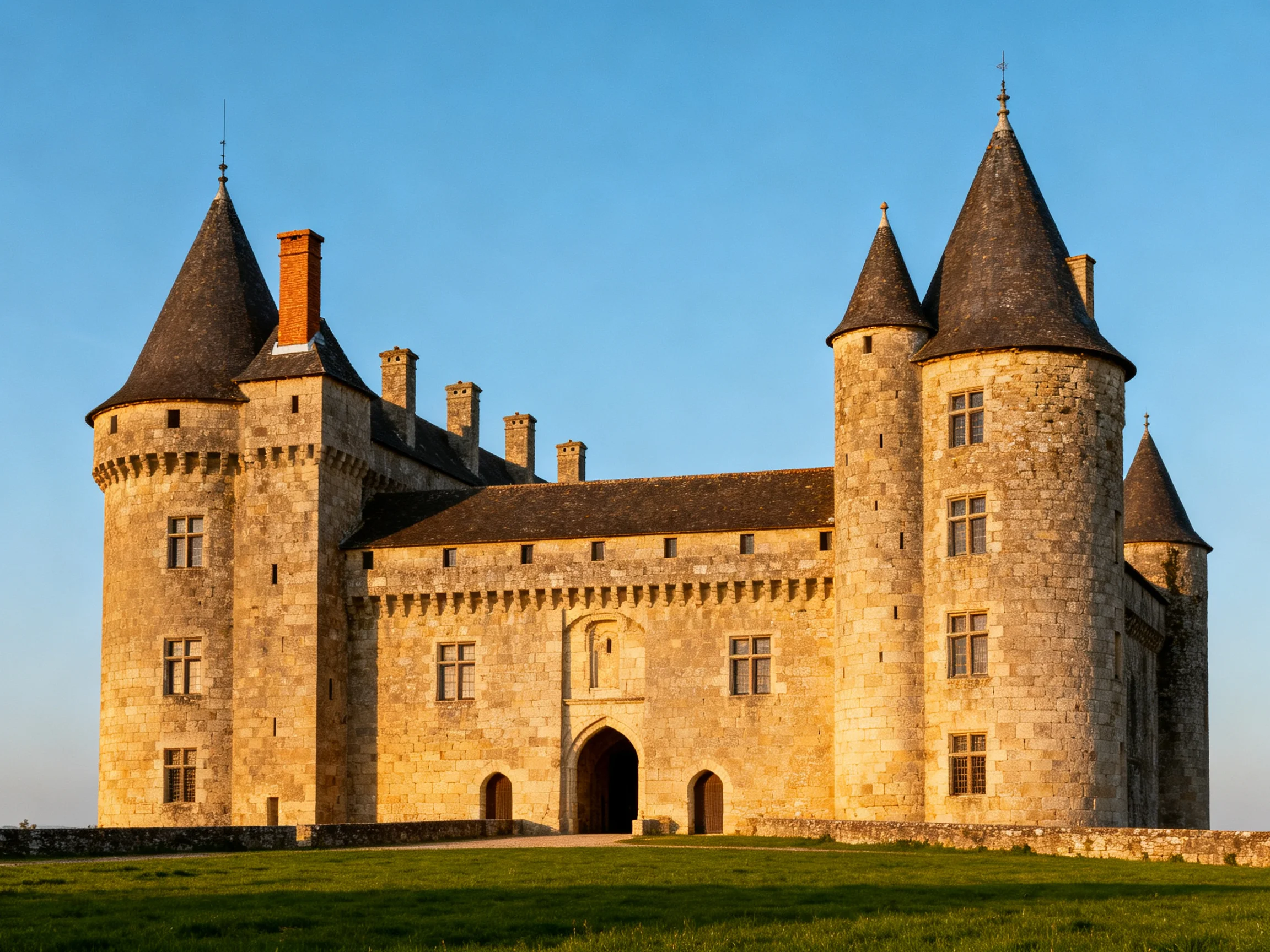 A historic stone castle with conical towers under clear blue skies