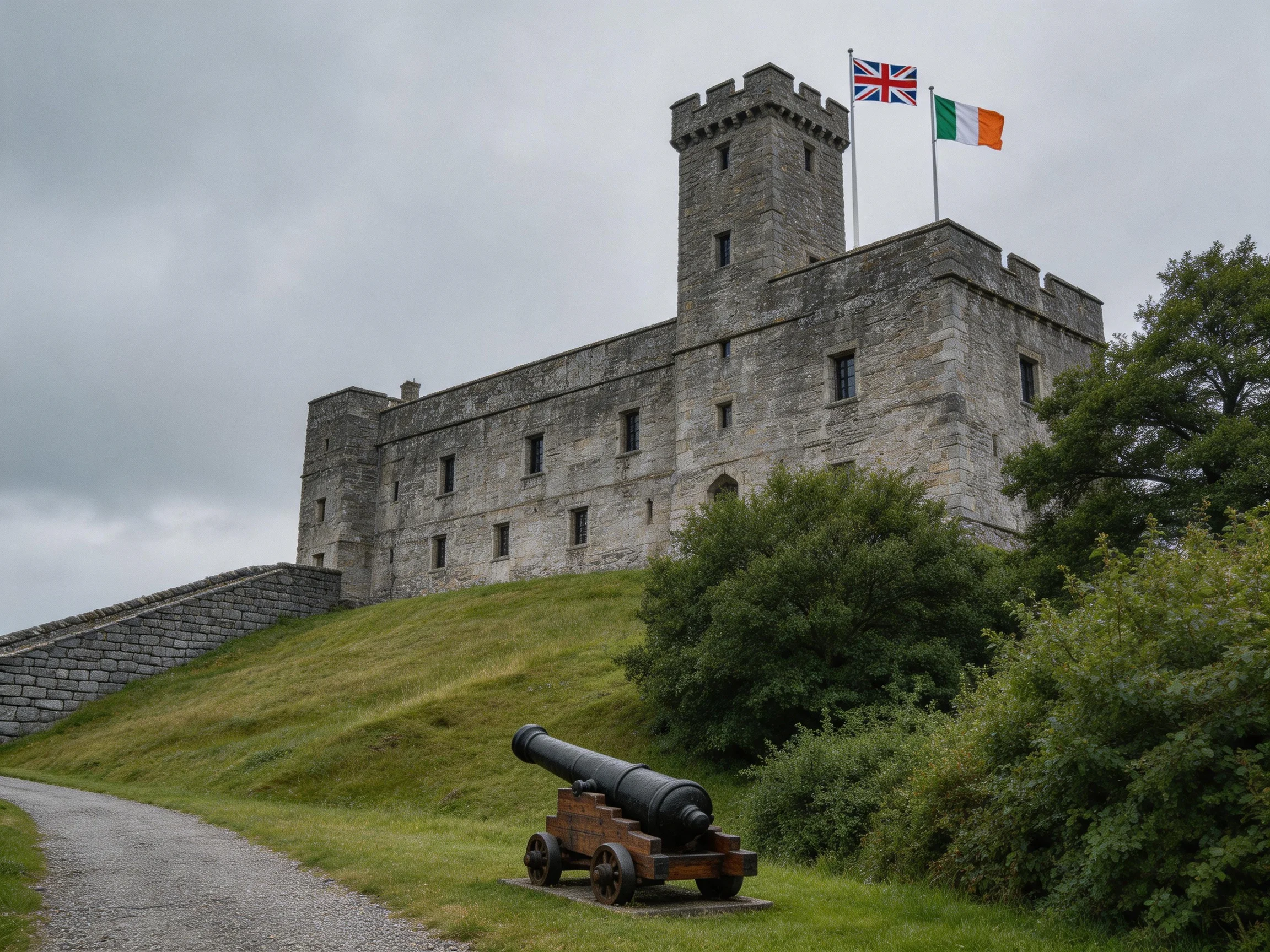 A historic stone castle with flags atop a grassy hill near an old cannon