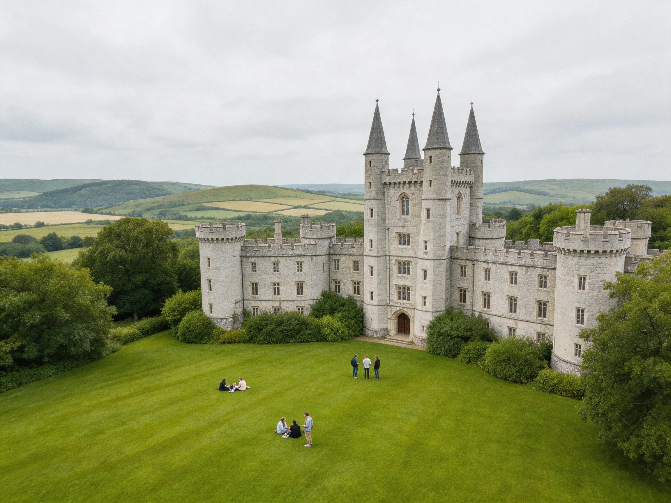 A historic stone castle with four spires sits amid lush greenery.