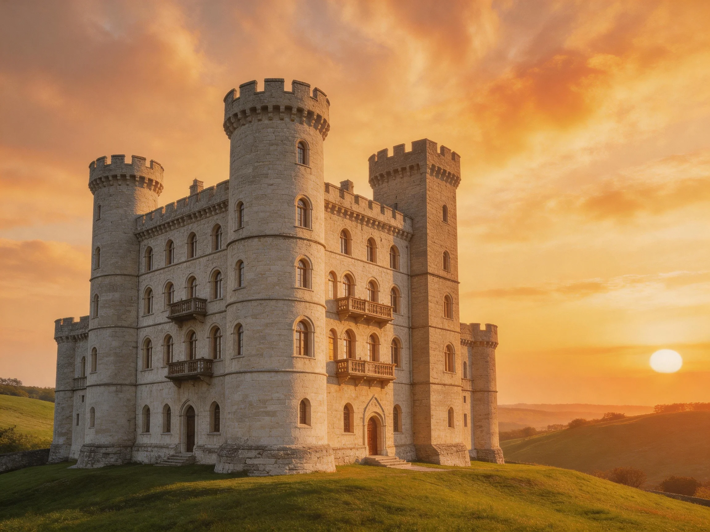 A historic stone castle with four towers under golden sunset skies