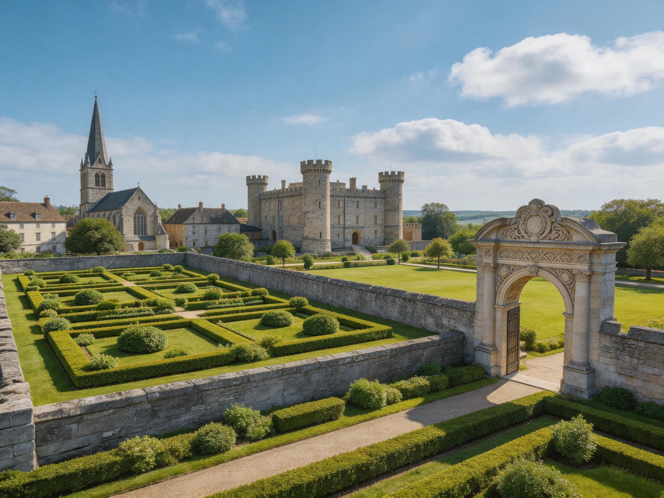 A historic stone castle with manicured gardens beside a church