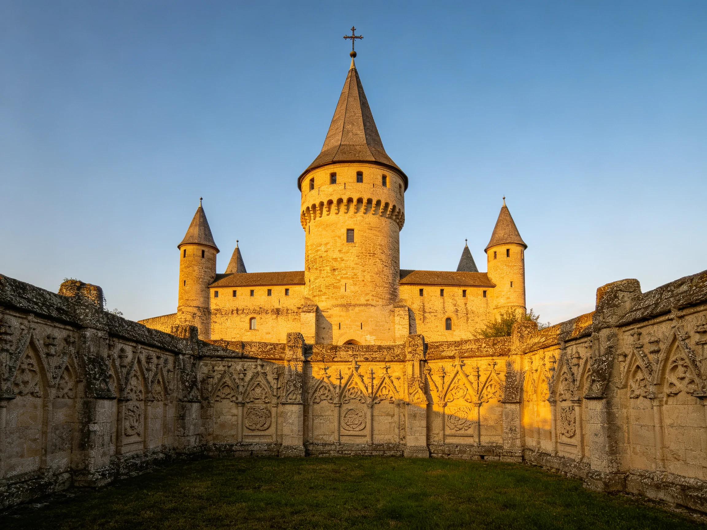 A historic stone castle with multiple towers bathed in golden light