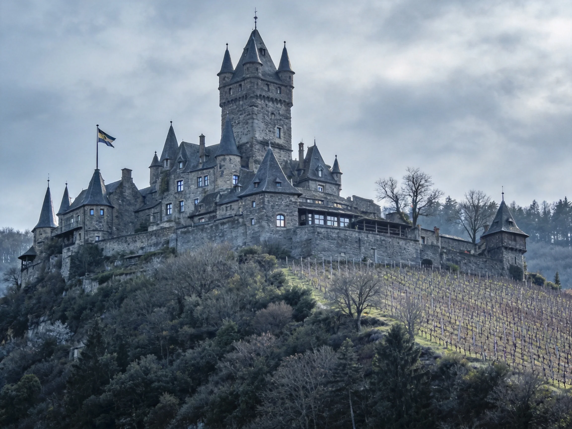 A historic stone castle with multiple towers overlooks a hillside vineyard