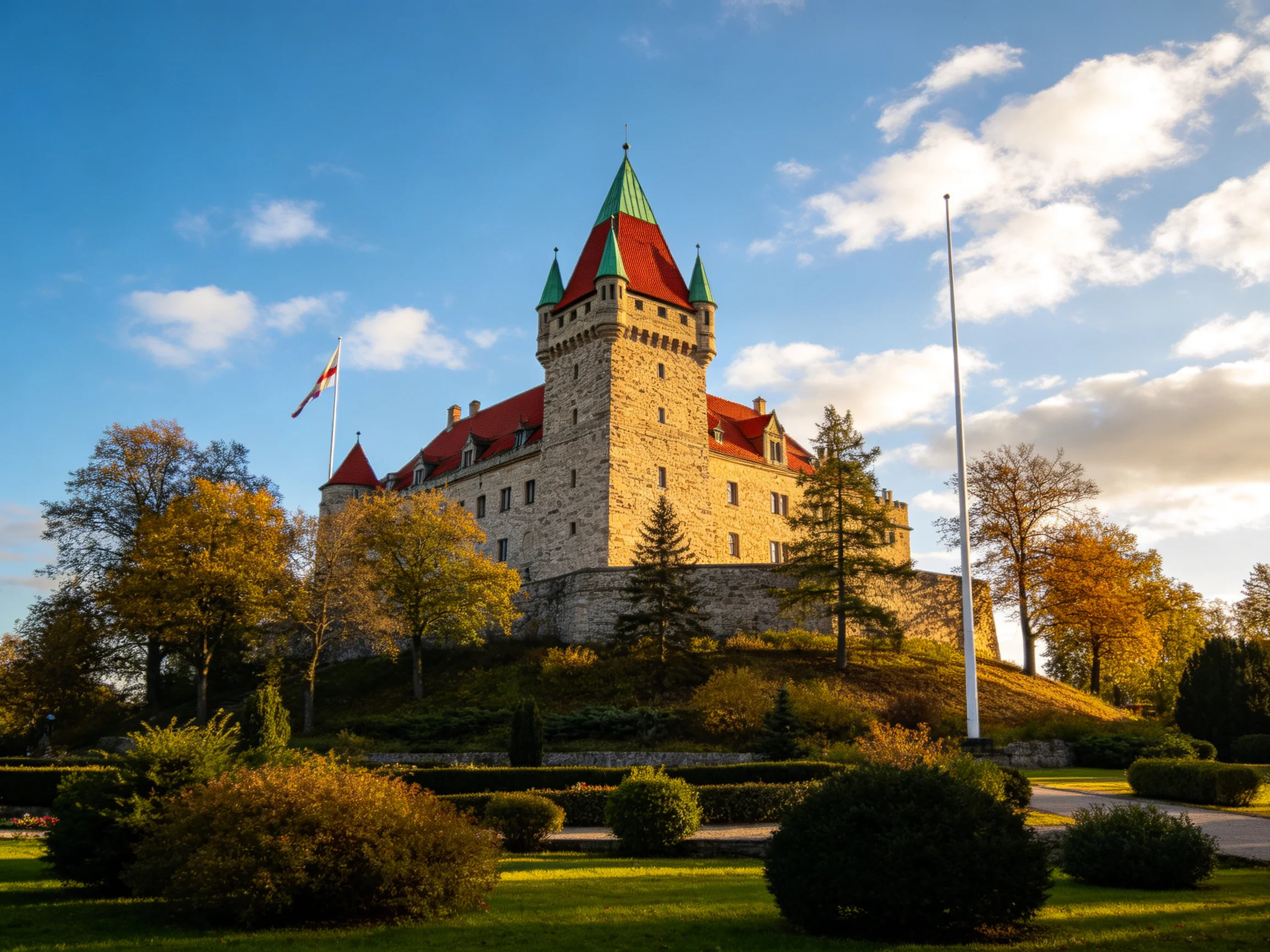 A historic stone castle with red roofs and green spires atop a landscaped hill