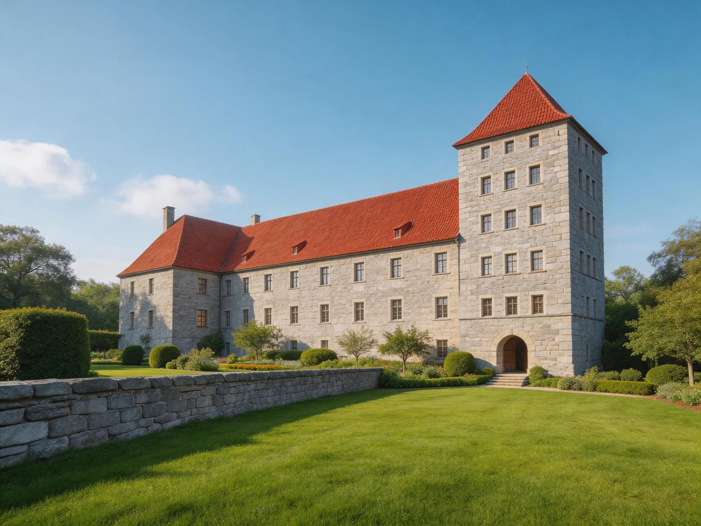 A historic stone castle with red roofs and lush green grounds
