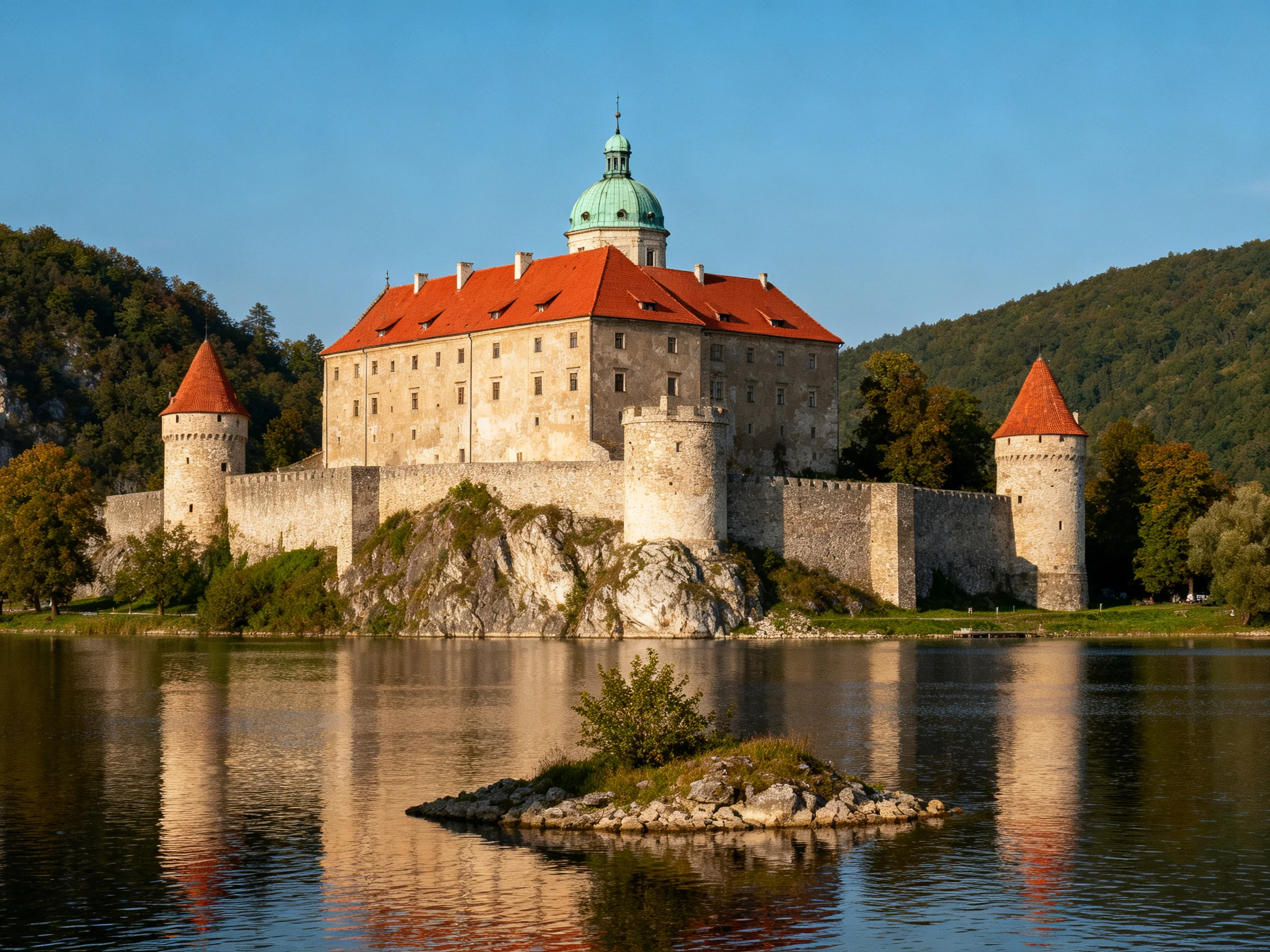 A historic stone castle with red roofs by tranquil waters