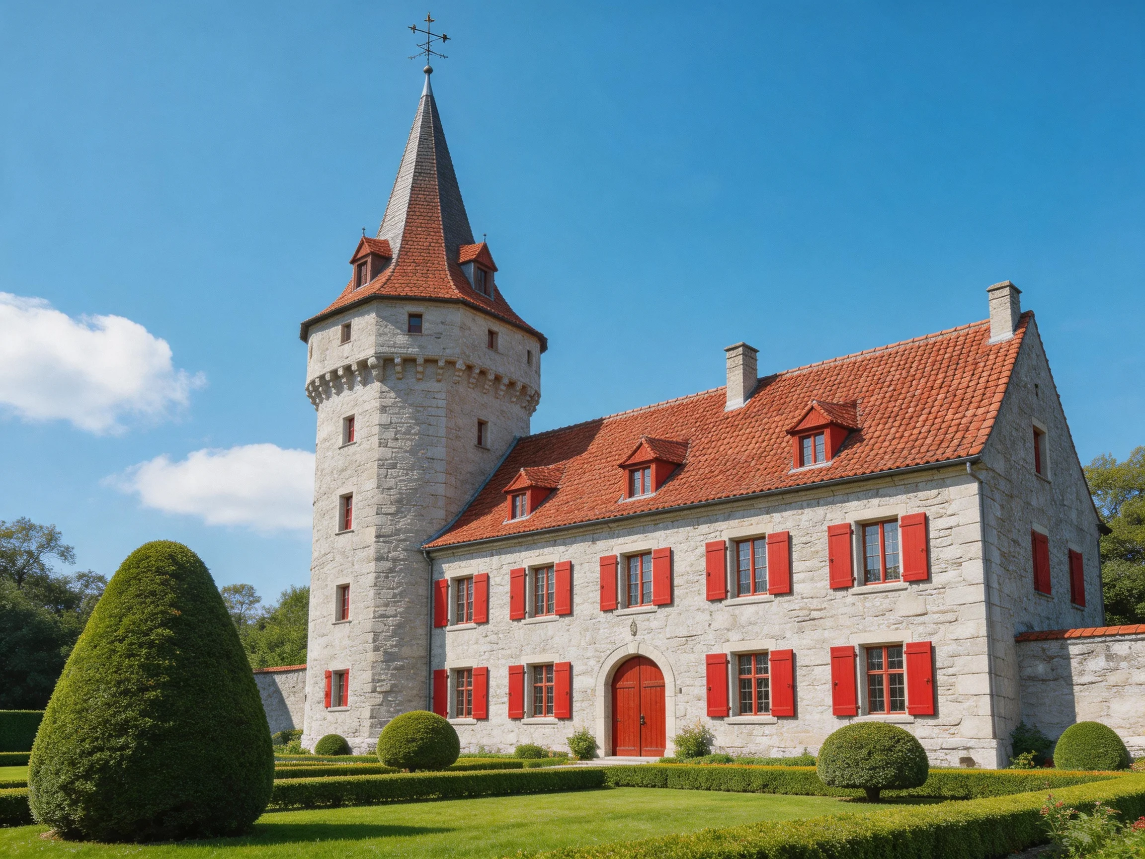 A historic stone castle with red shutters and a tall tower