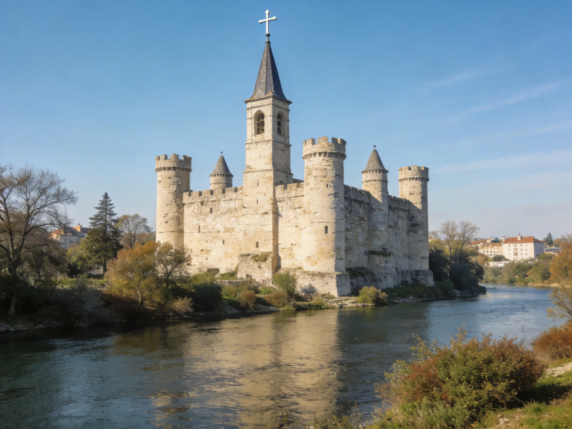 A historic stone castle with six towers near a calm river