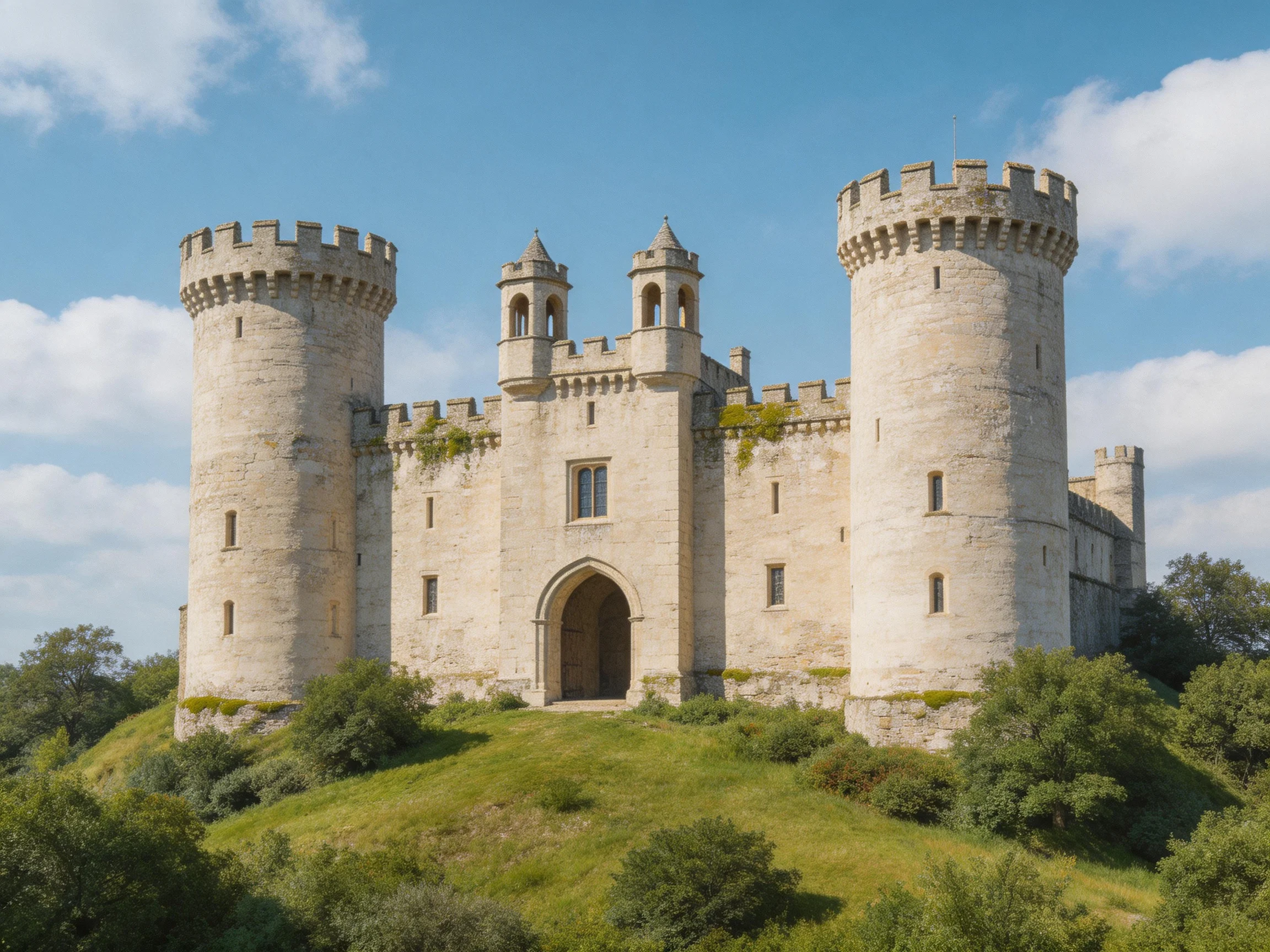 A historic stone castle with tall round towers on a grassy hill