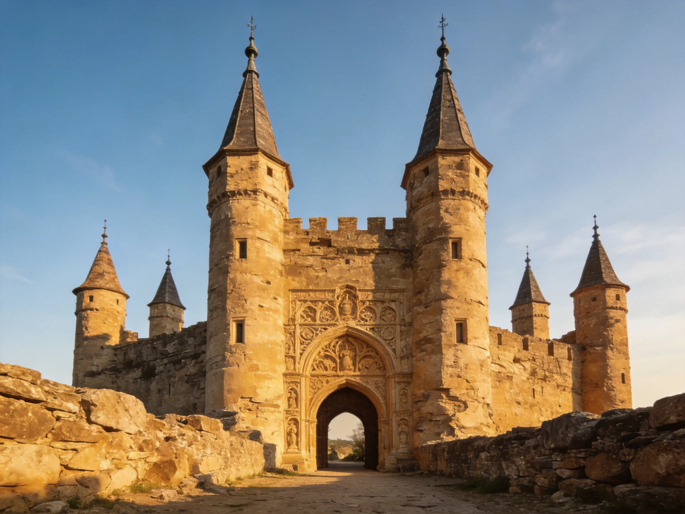 A historic stone castle with tall spires and ornate gateway