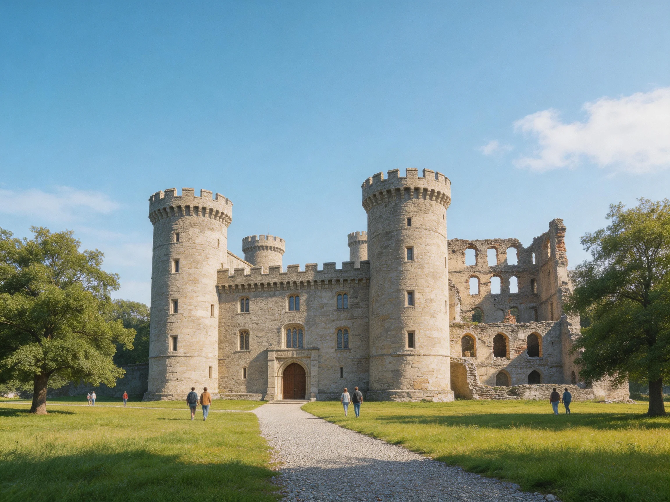 A historic stone castle with tall towers and ruined sections near lush green lawns