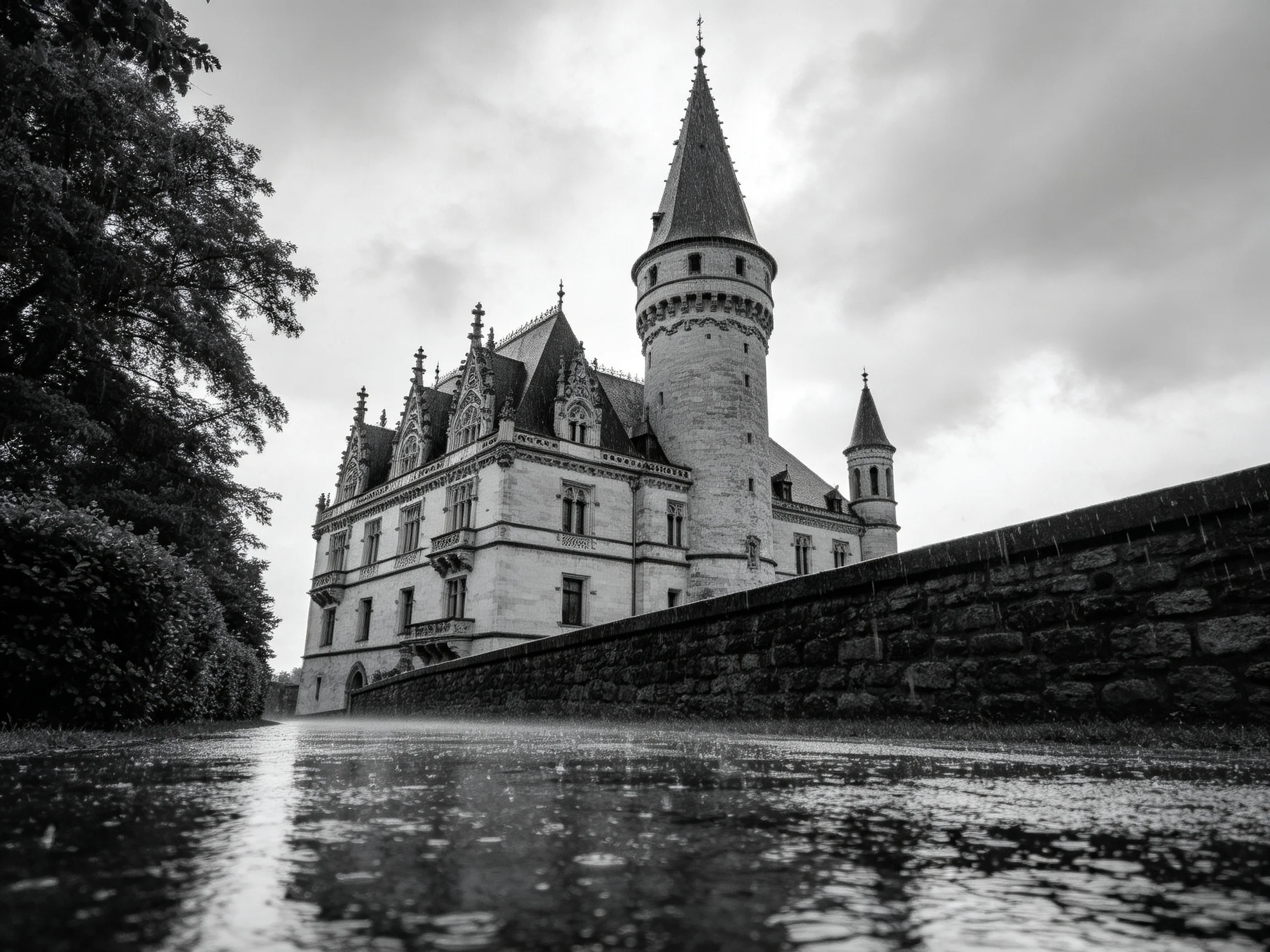 A historic stone castle with tall towers near a rain-soaked moat