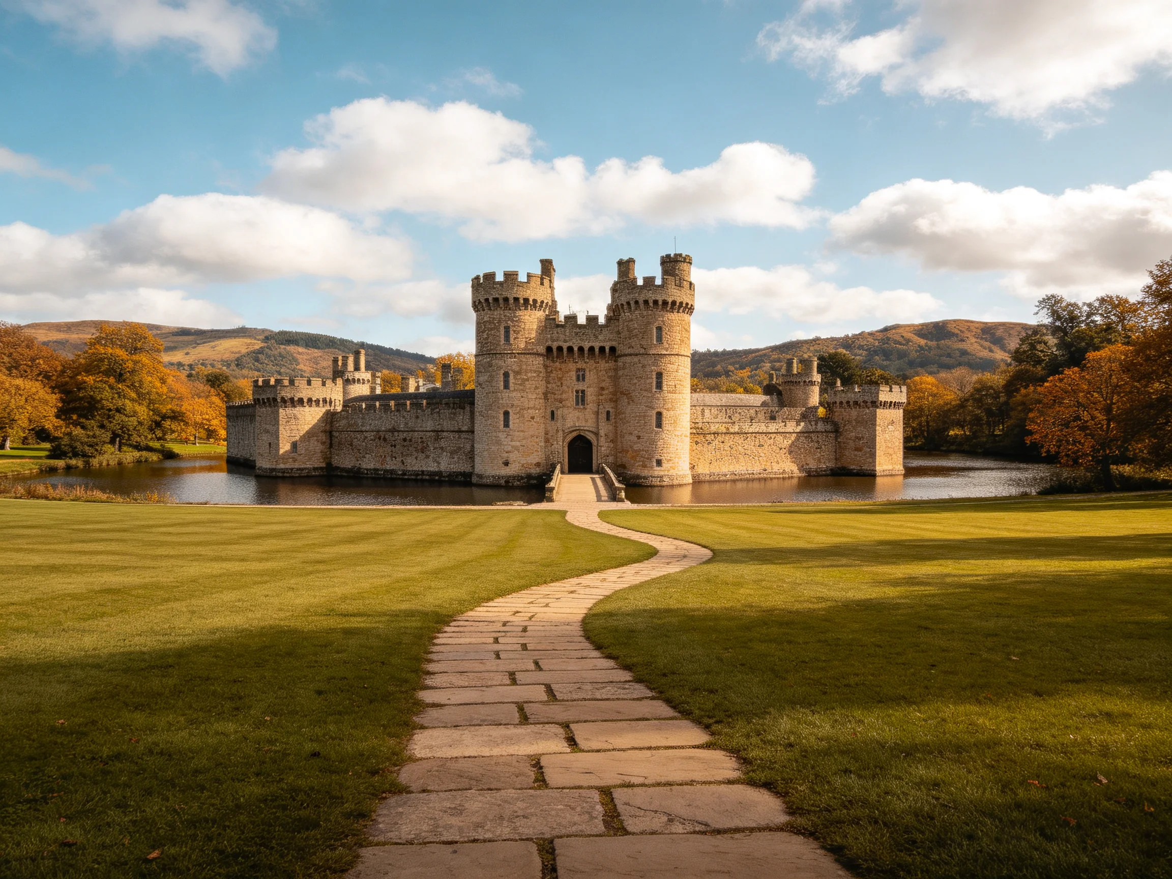 A historic stone castle with towers near a moat and autumn foliage