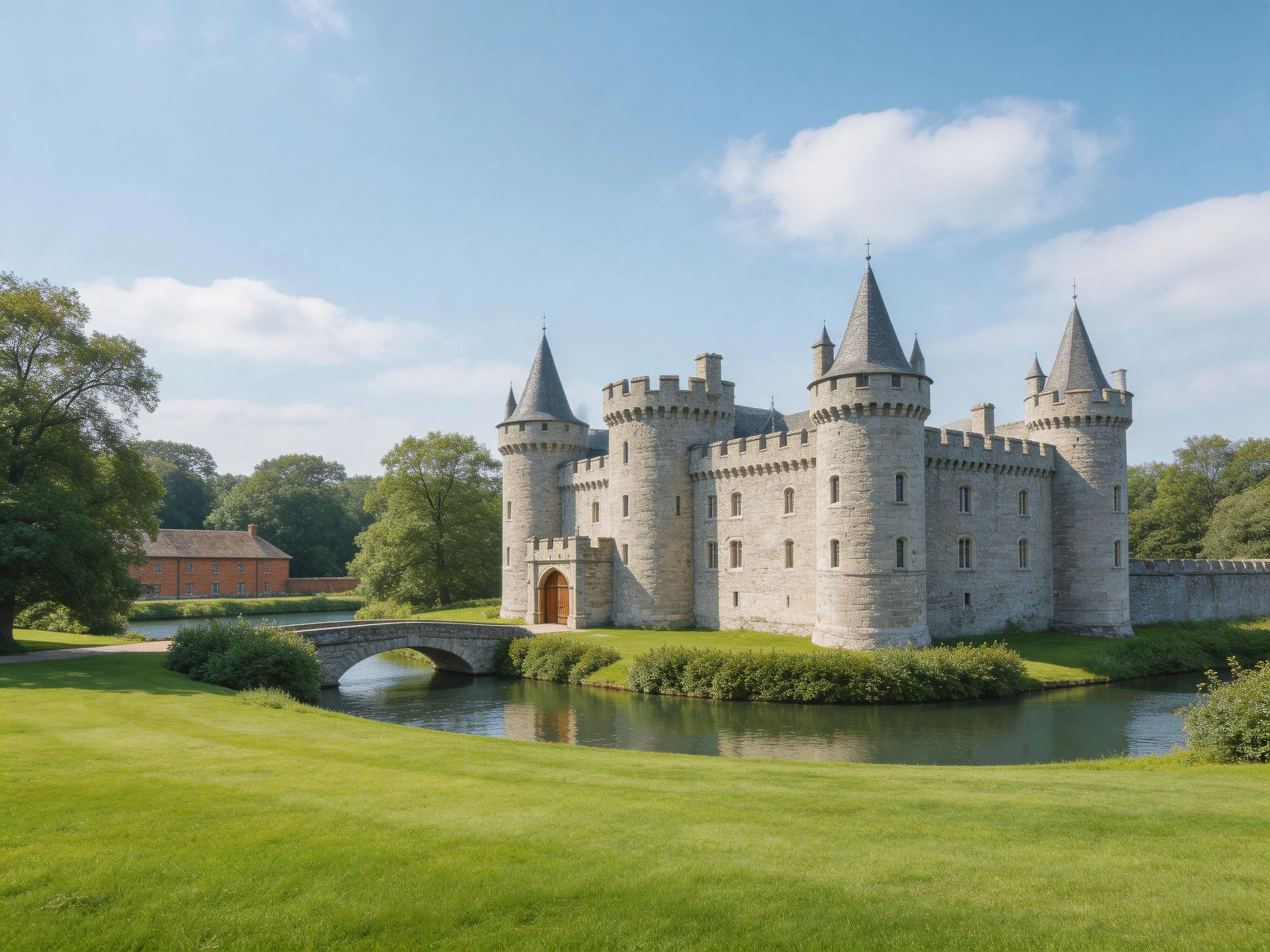 A historic stone castle with turrets beside a tranquil moat
