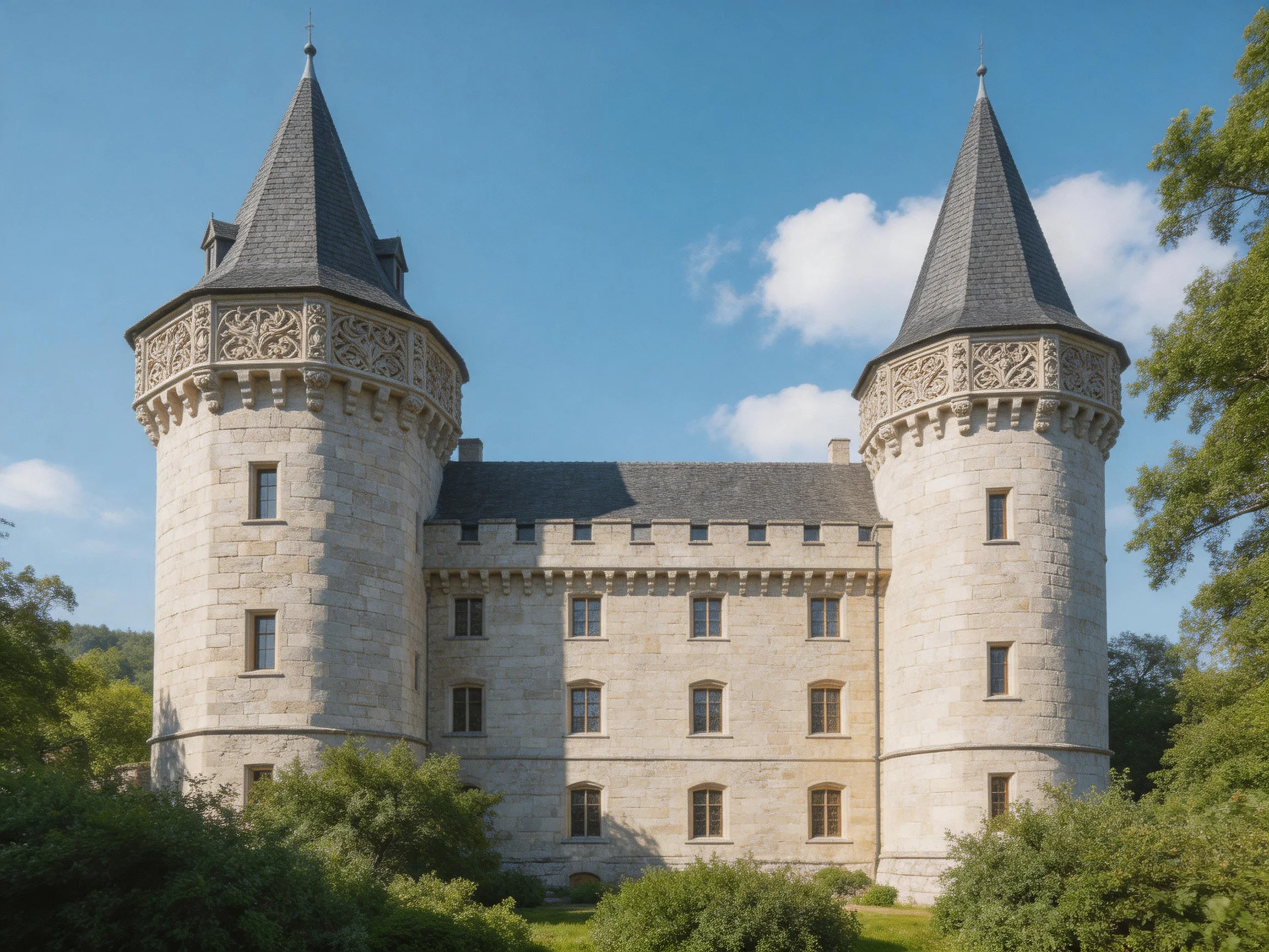 A historic stone castle with twin towers under a sunny sky