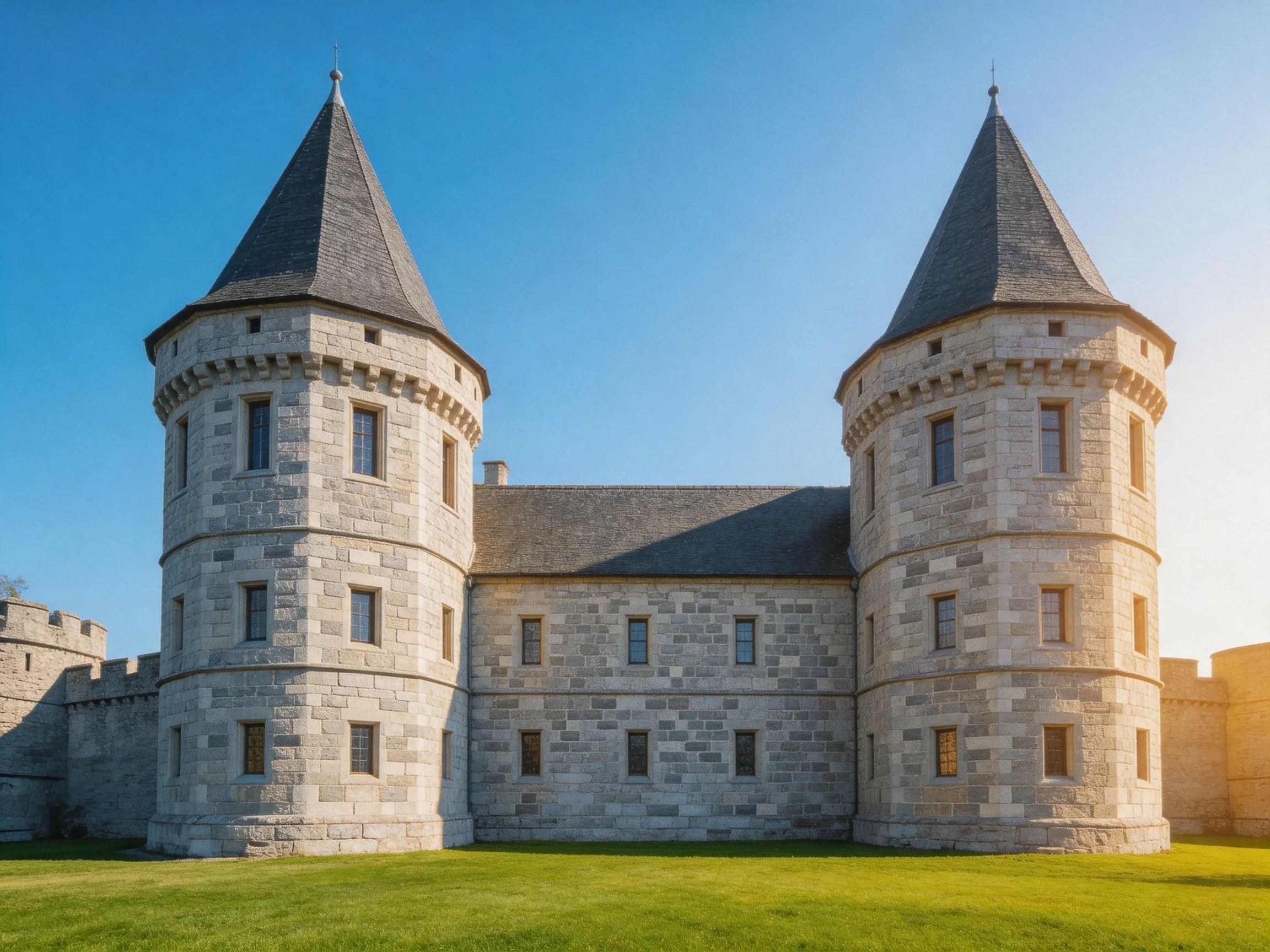 A historic stone castle with two conical towers under clear blue skies