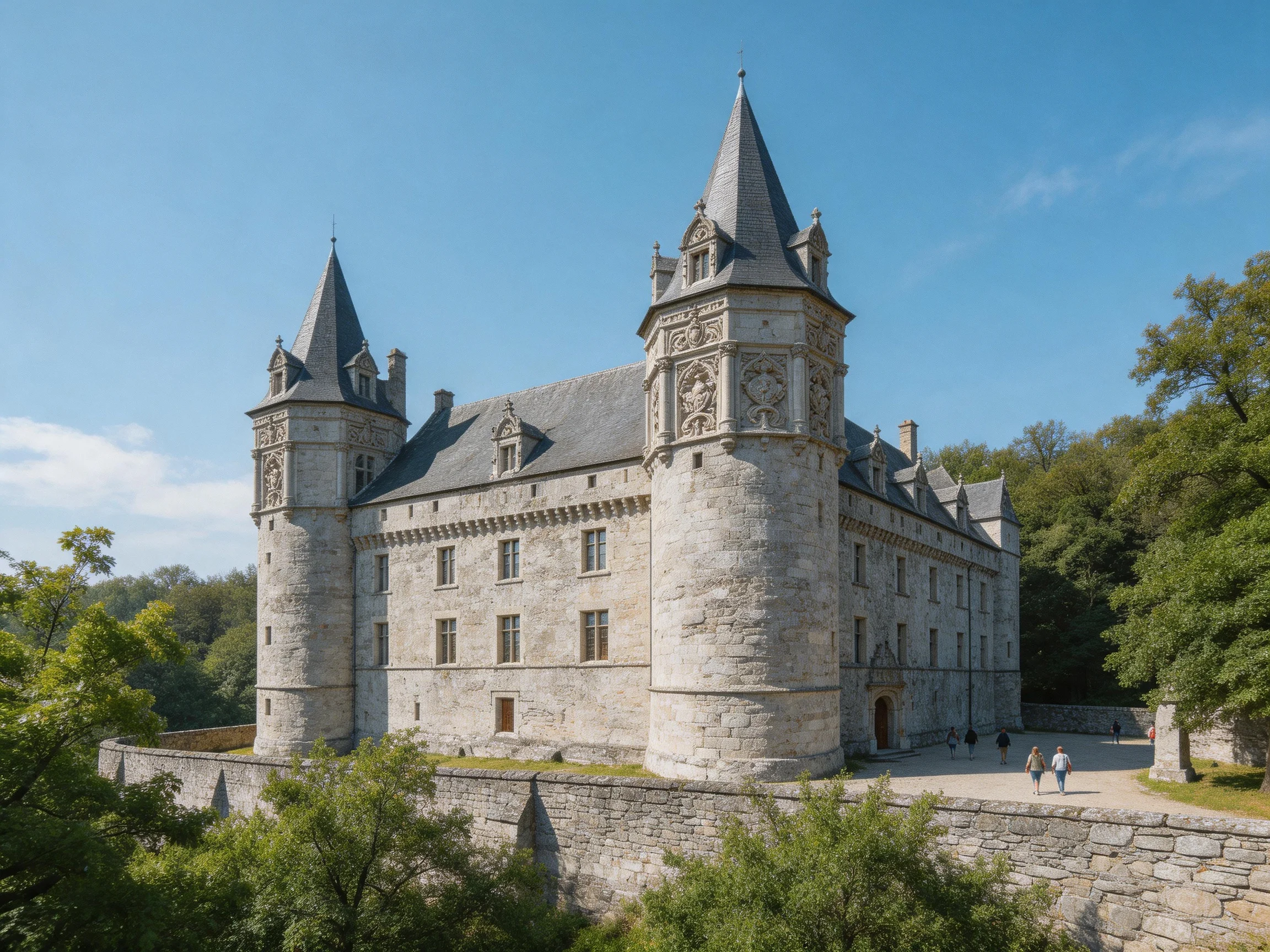 A historic stone castle with two tall towers near lush greenery