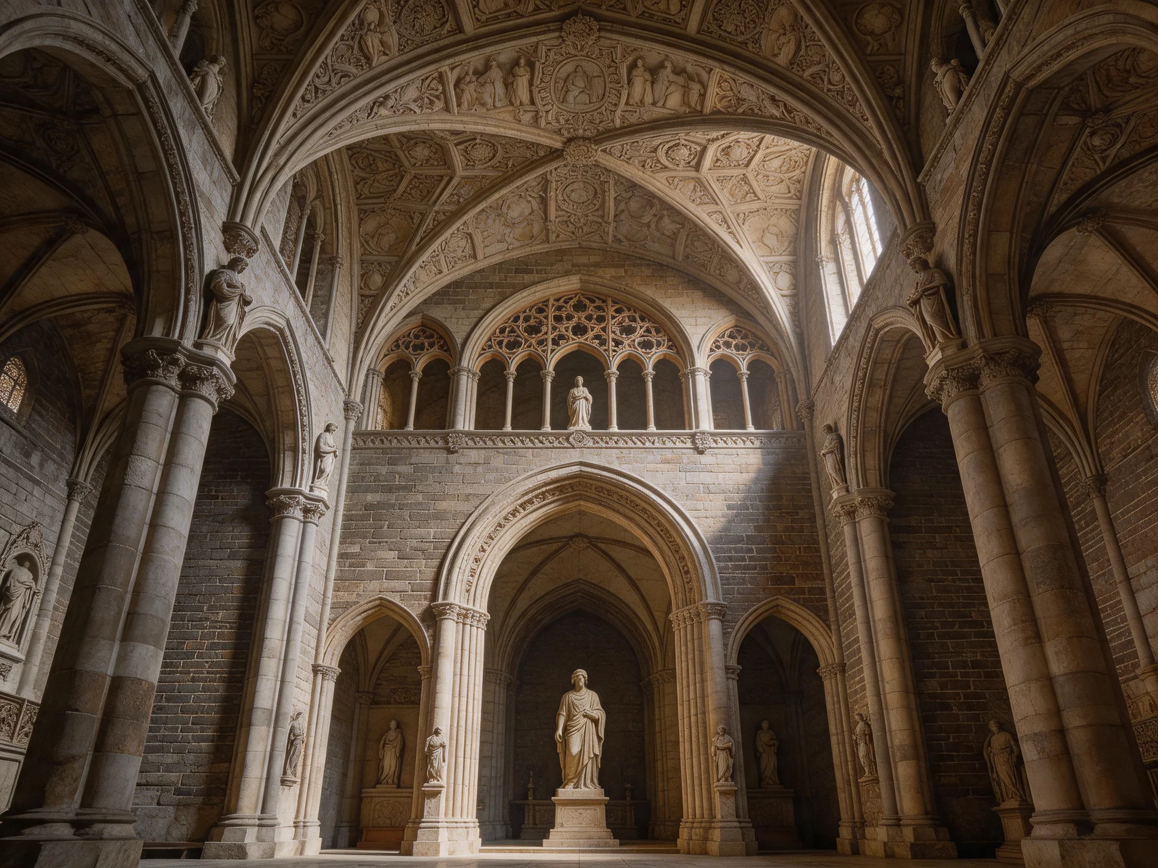A historic stone cathedral interior with ornate arches and statues