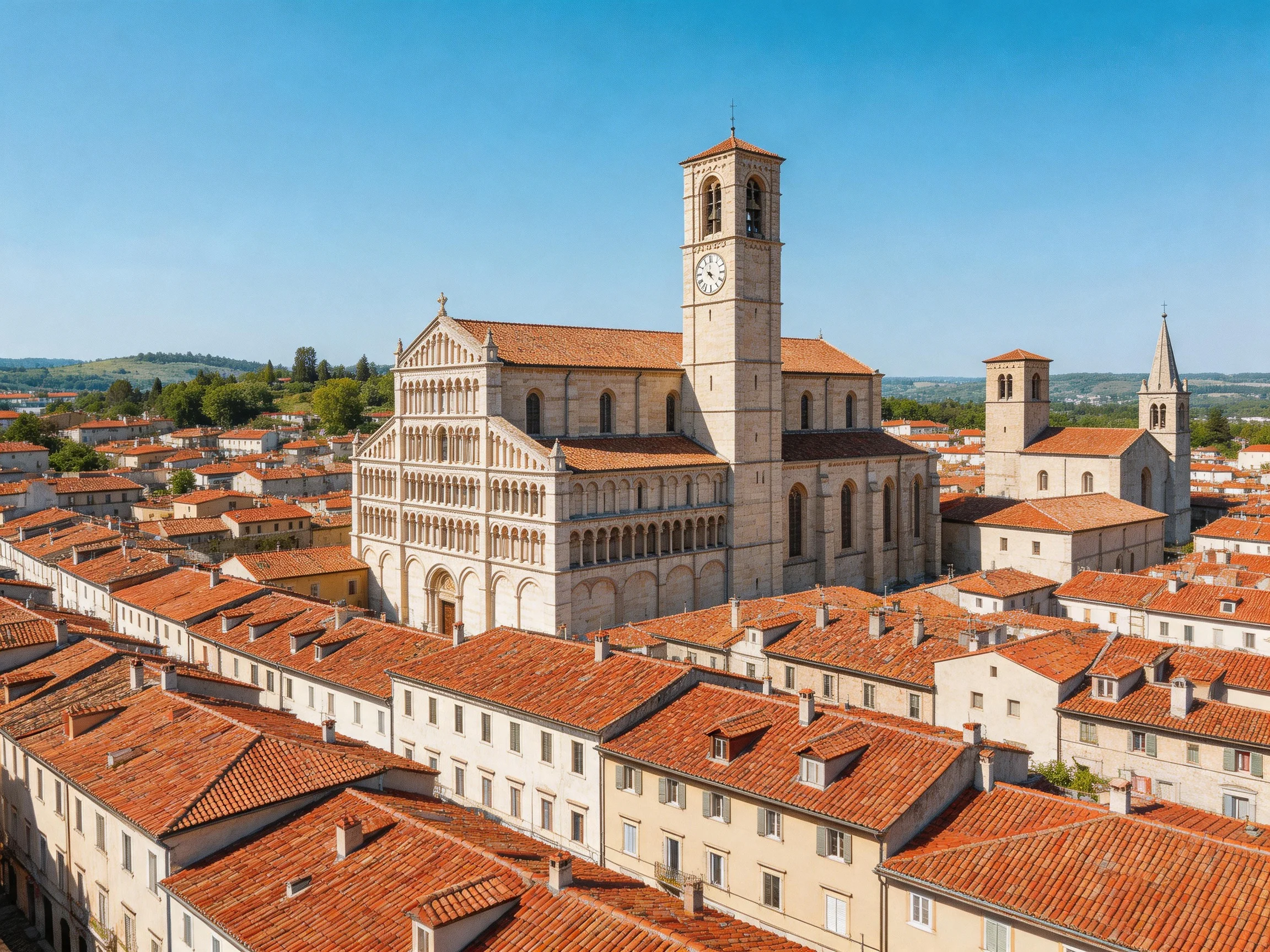 A historic stone cathedral with a tall clock tower among terracotta-roofed buildings
